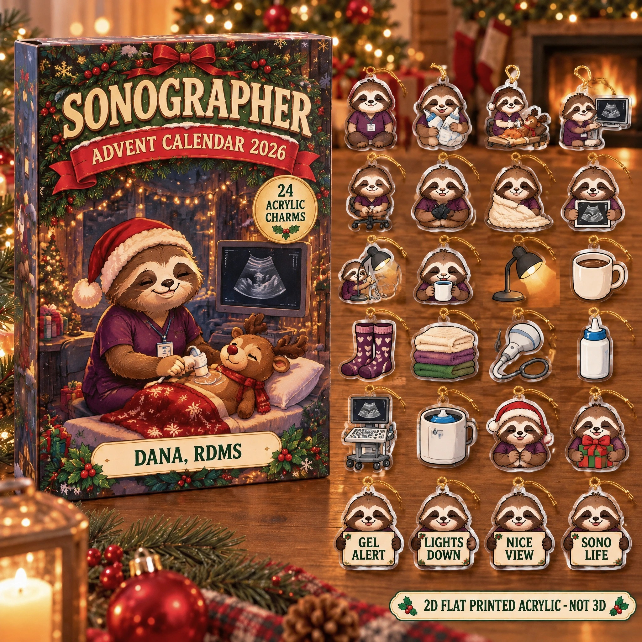 Personalized Sonographer Sloth advent calendar box with 24 flat acrylic Christmas charms