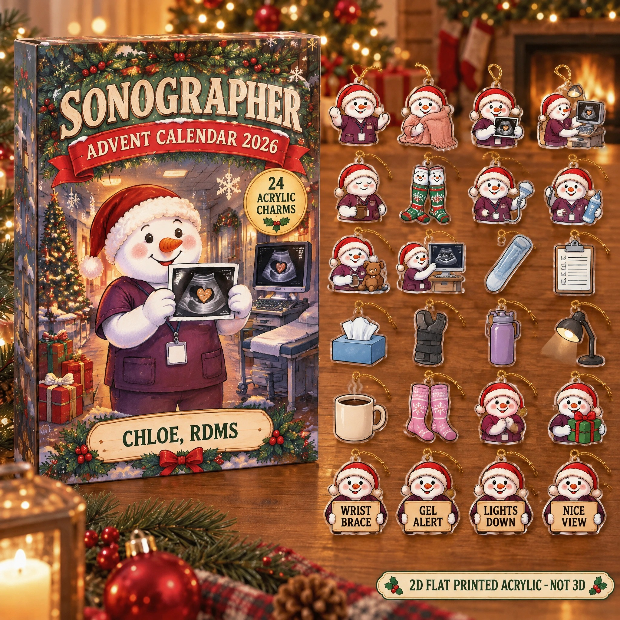 Personalized Sonographer Snowman advent calendar box with 24 flat acrylic Christmas charms