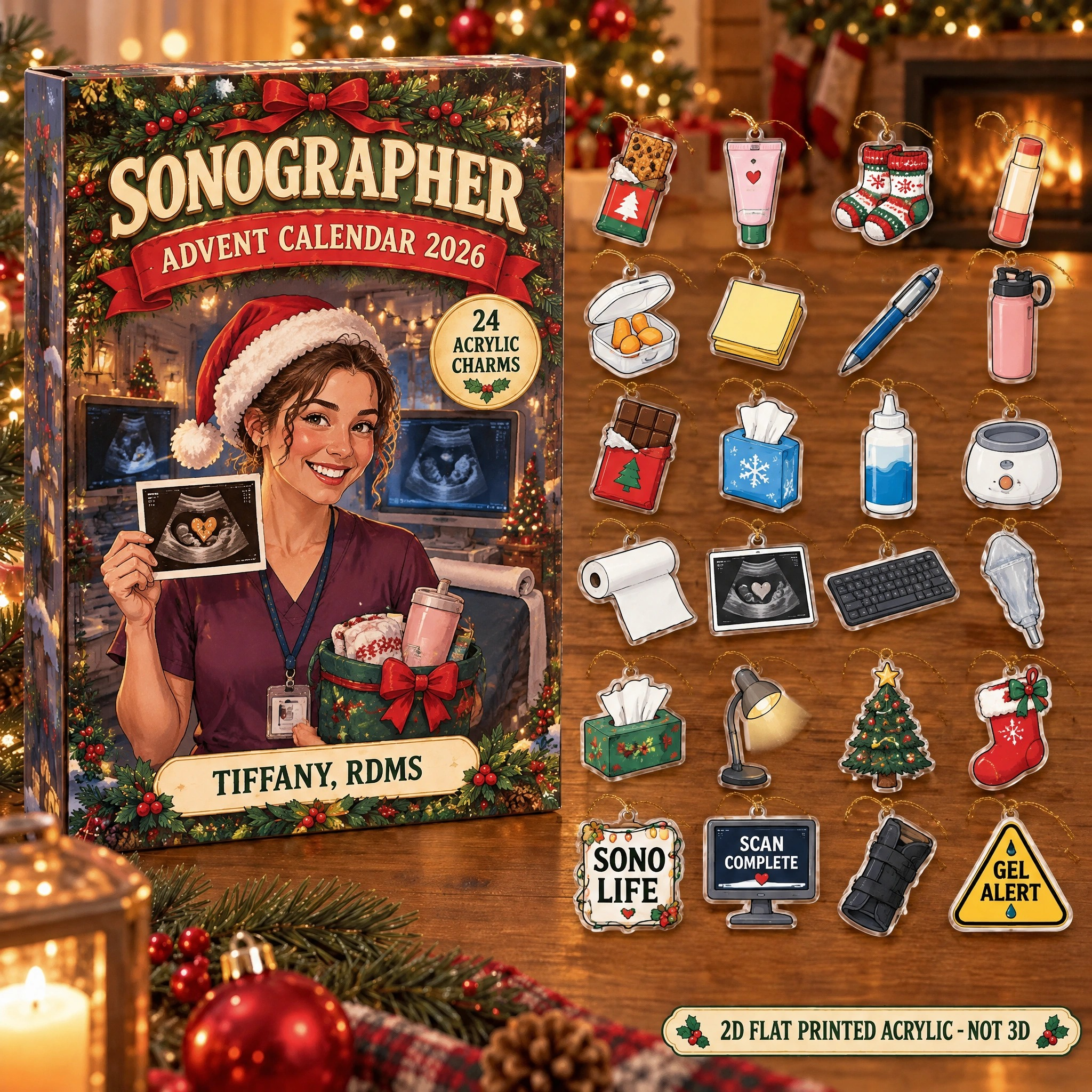 Personalized Sonographer Survival Kit advent calendar box with 24 flat acrylic Christmas charms