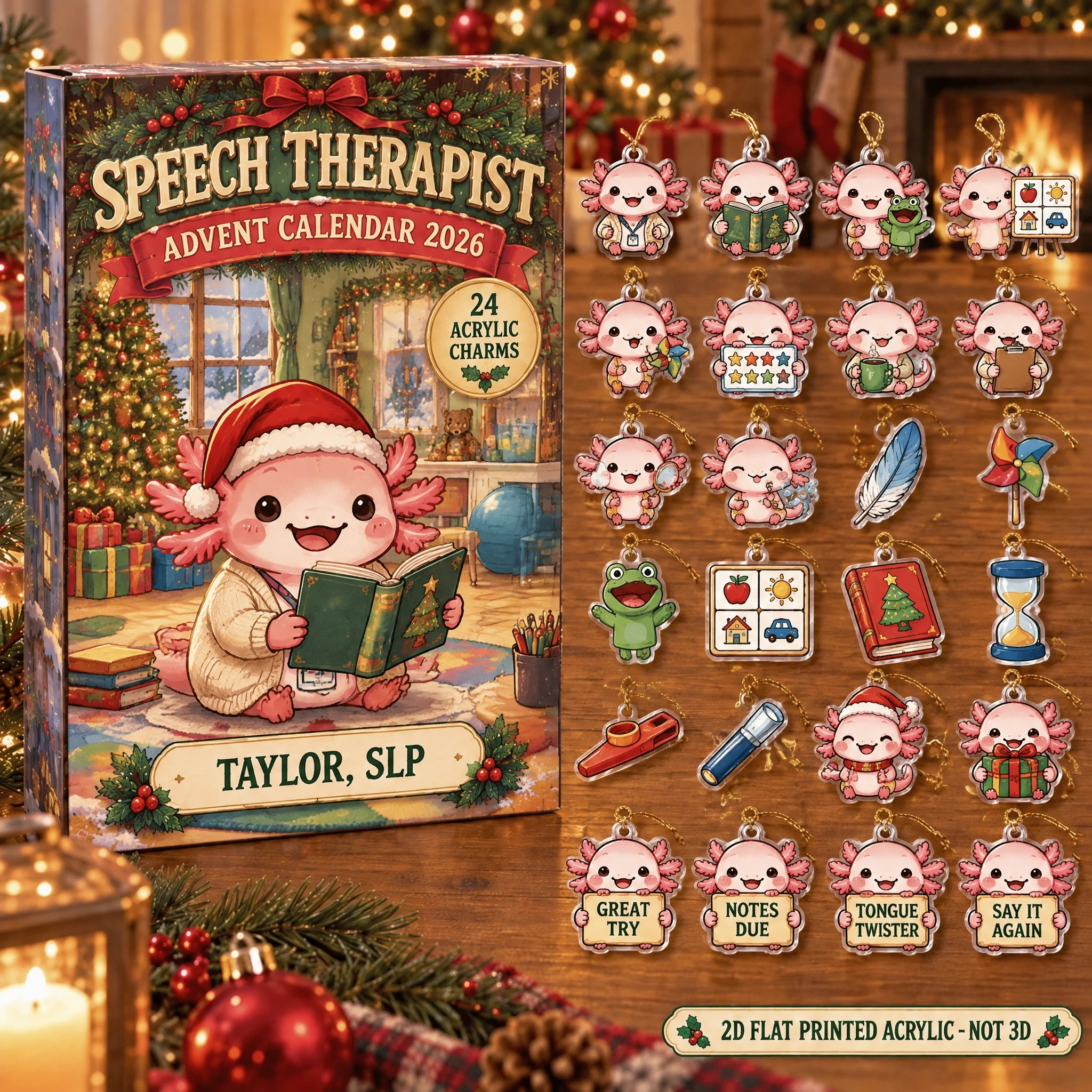Personalized Speech Therapy Axolotl advent calendar box with 24 flat acrylic Christmas charms