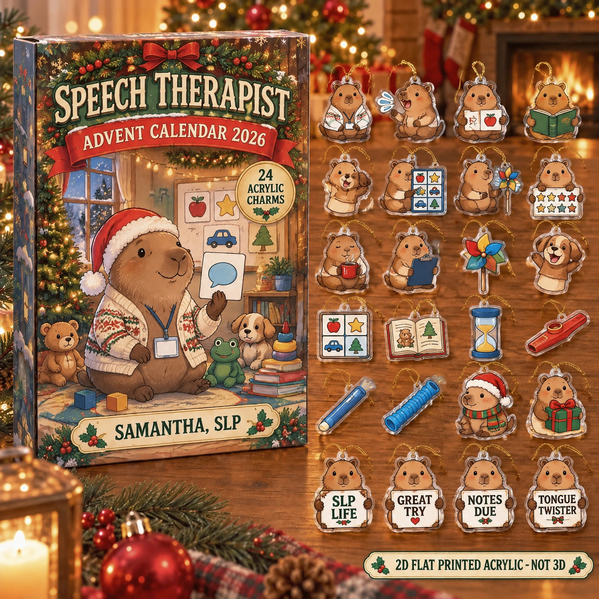 Personalized Speech Therapy Capybara advent calendar box with 24 flat acrylic Christmas charms