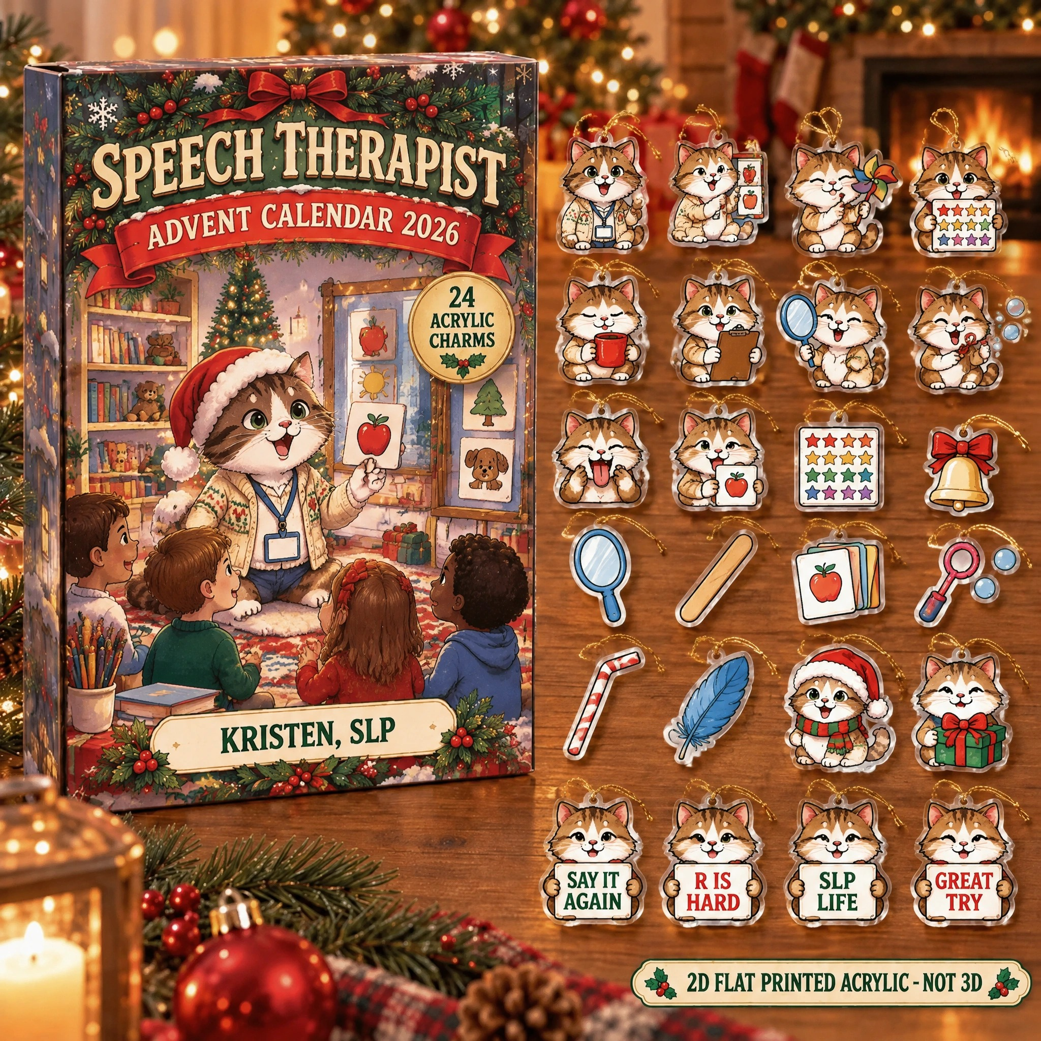 Personalized Speech Therapy Cat advent calendar box with 24 flat acrylic Christmas charms