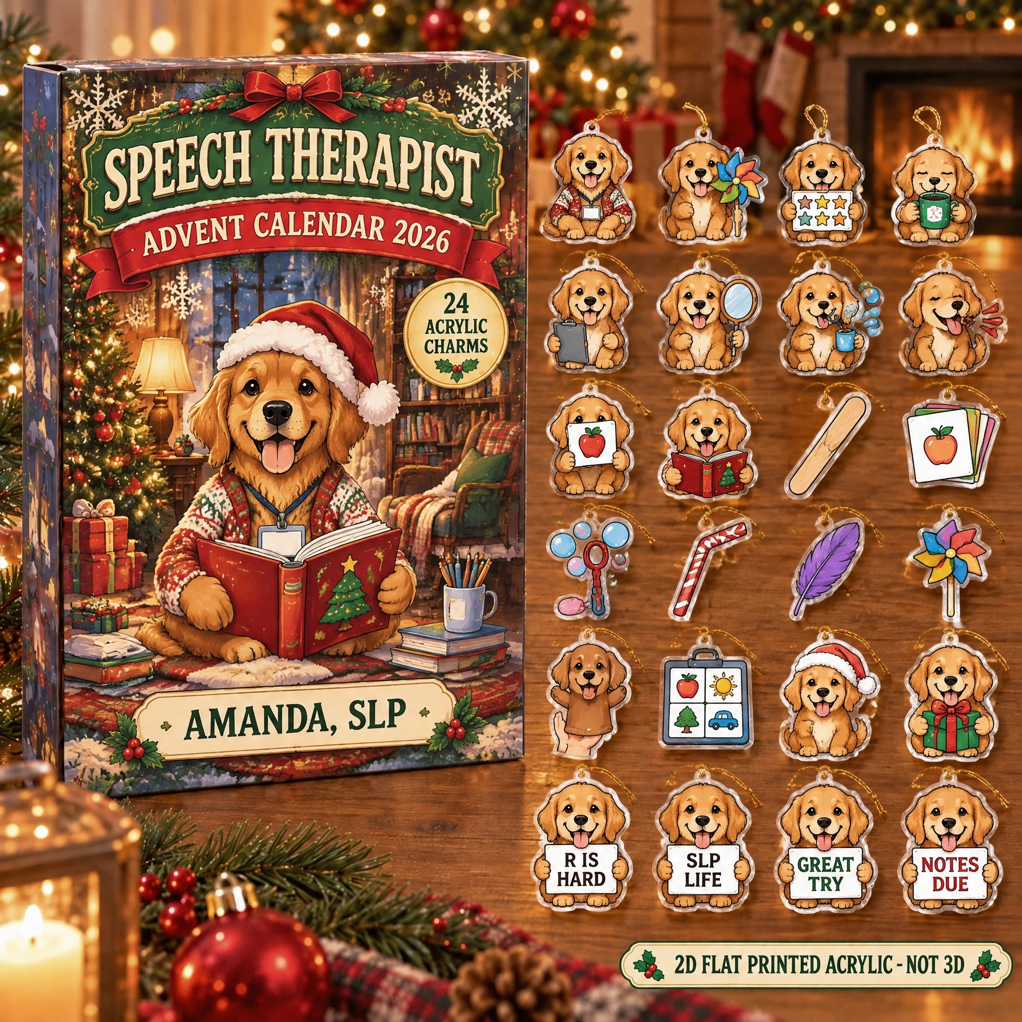 Personalized Speech Therapy Dog advent calendar box with 24 flat acrylic Christmas charms