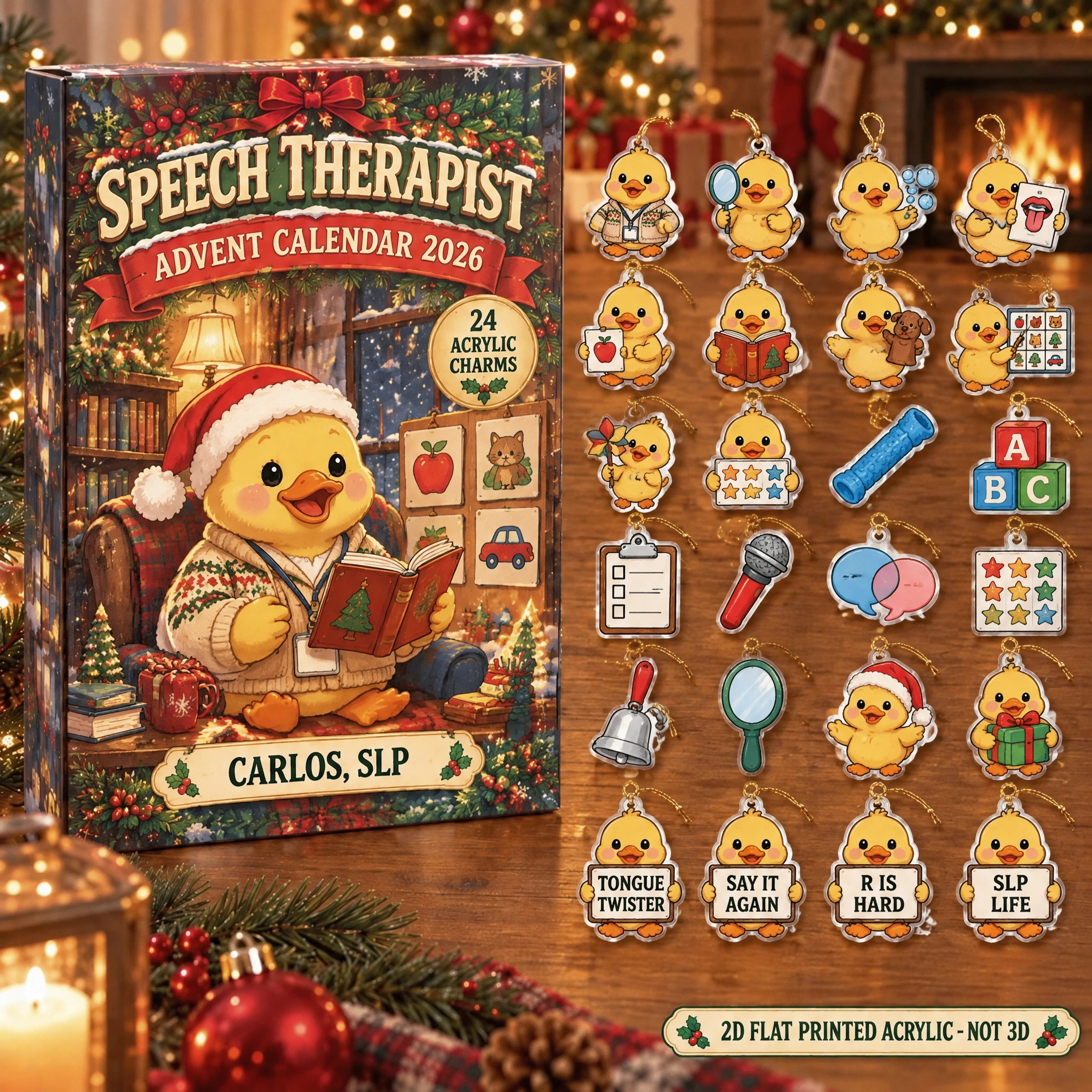 Personalized Speech Therapy Duck advent calendar box with 24 flat acrylic Christmas charms