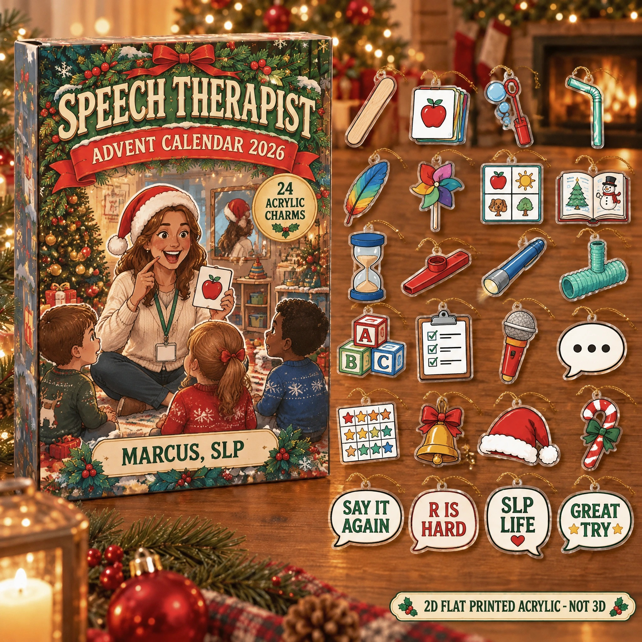 Personalized Speech Therapy Essentials advent calendar box with 24 flat acrylic Christmas charms