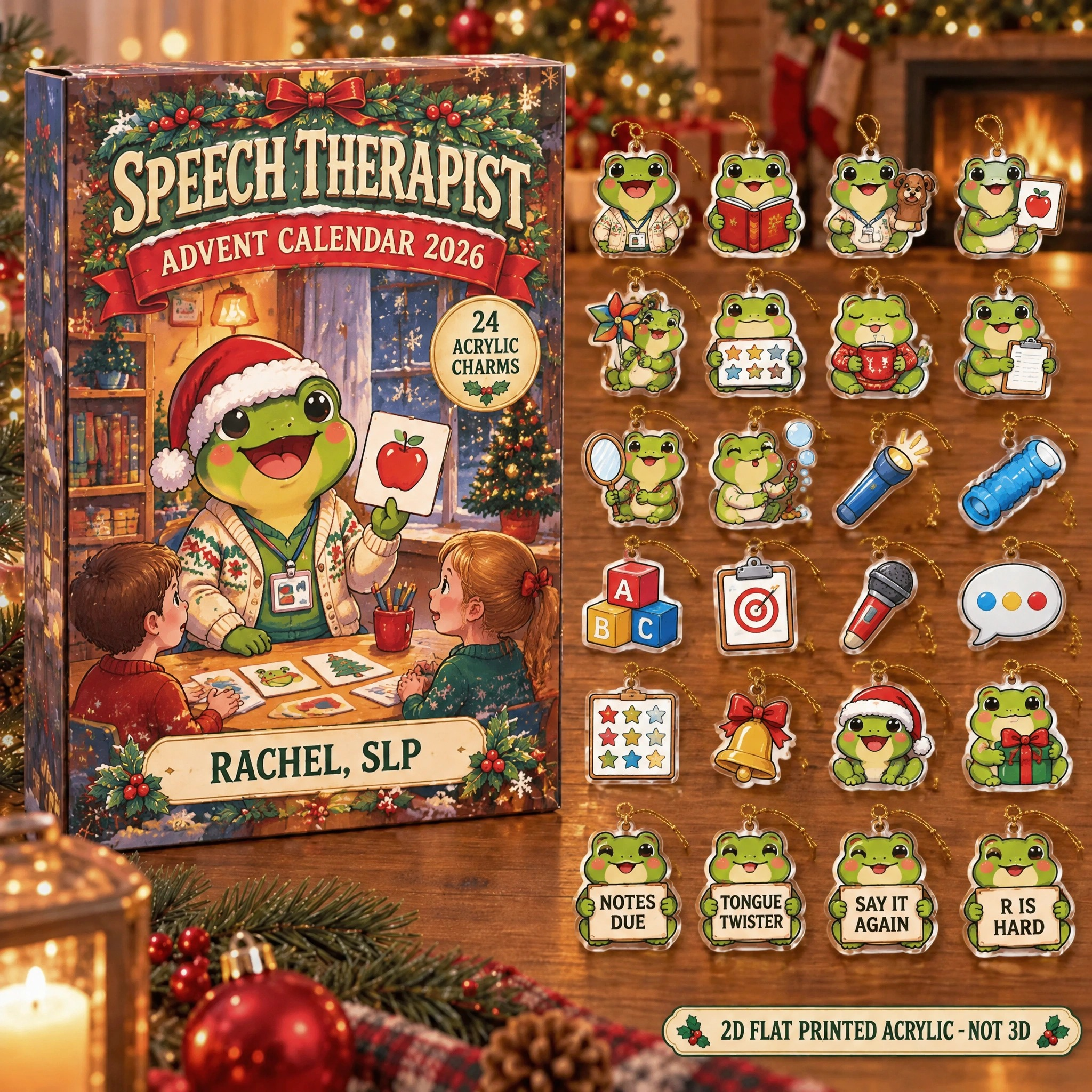 Personalized Speech Therapy Frog advent calendar box with 24 flat acrylic Christmas charms