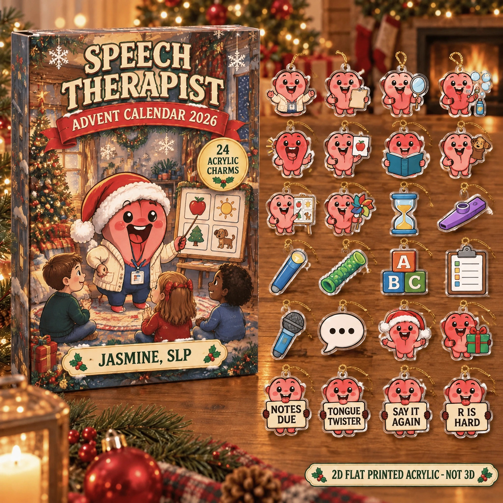 Personalized Funny Anatomy Speech Therapy advent calendar box with 24 flat acrylic Christmas charms