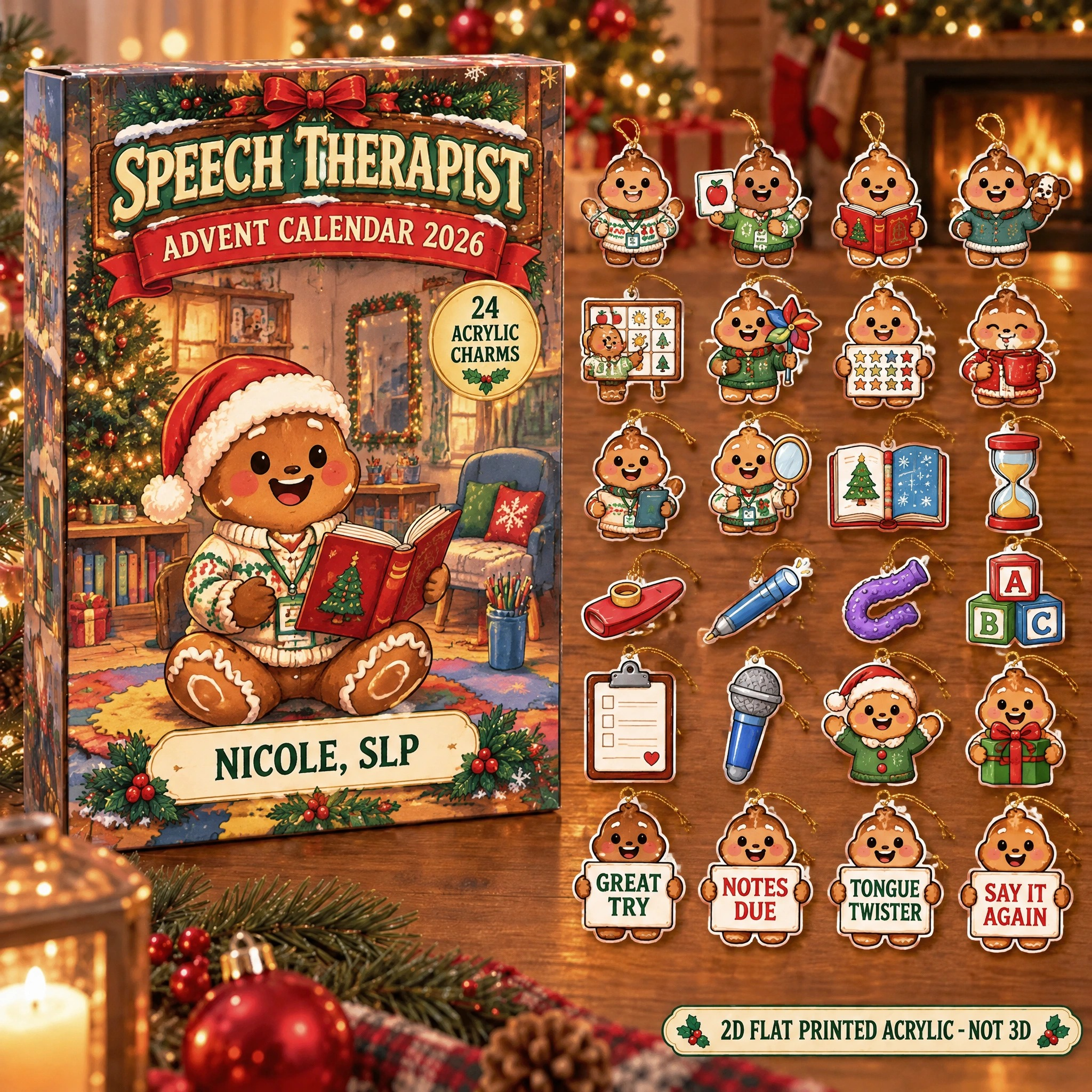 Personalized Gingerbread Speech Therapy advent calendar box with 24 flat acrylic Christmas charms