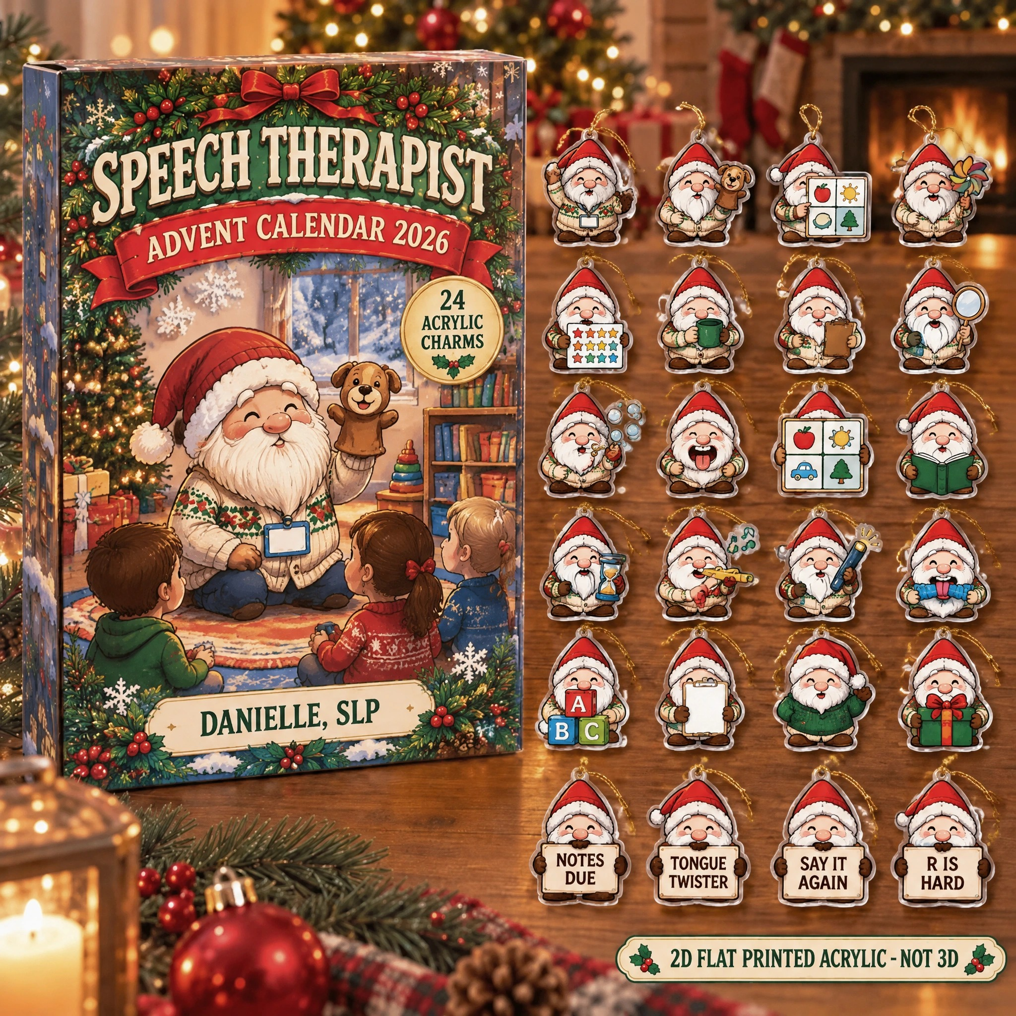 Personalized Speech Therapy Gnome advent calendar box with 24 flat acrylic Christmas charms