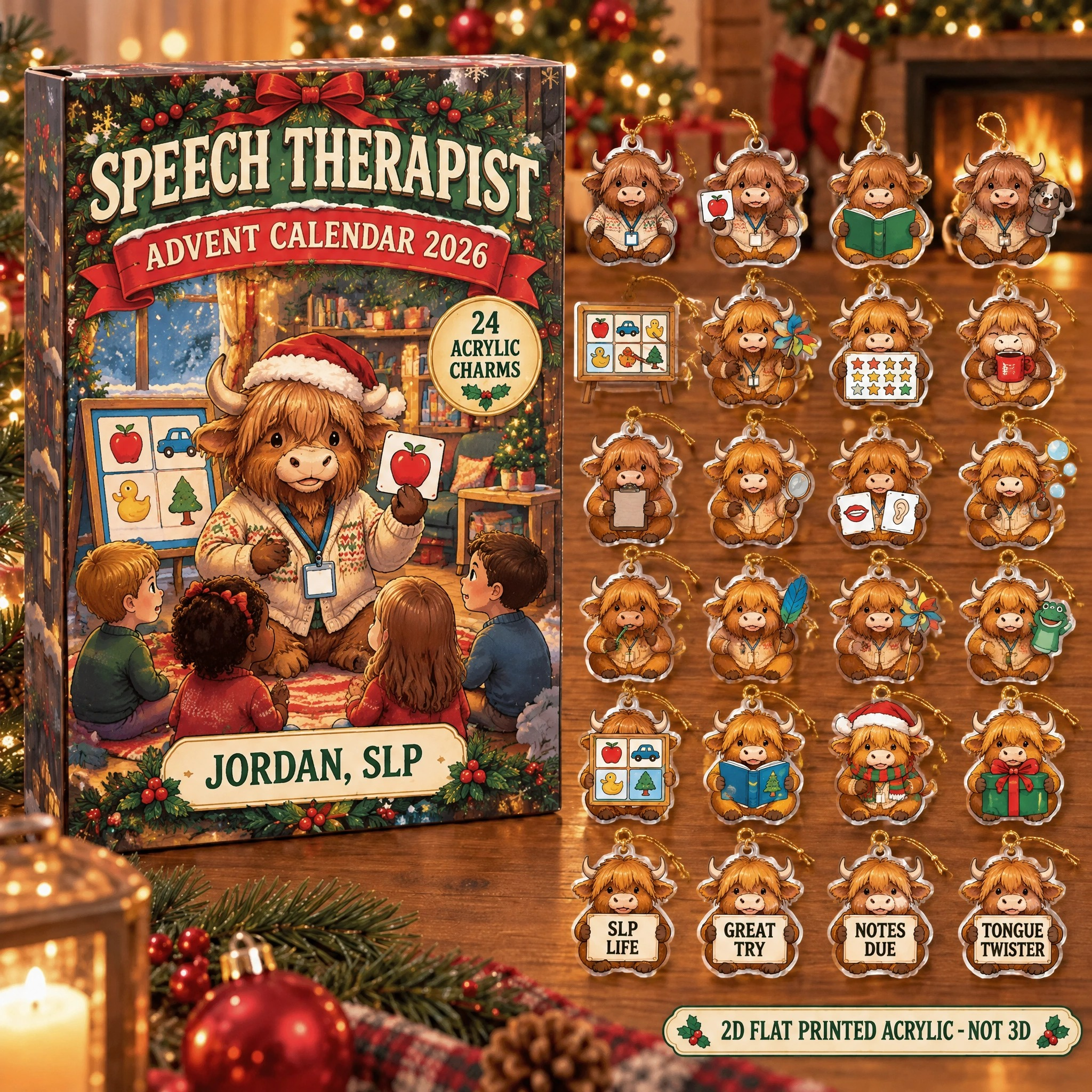Personalized Speech Therapy Highland Cow advent calendar box with 24 flat acrylic Christmas charms