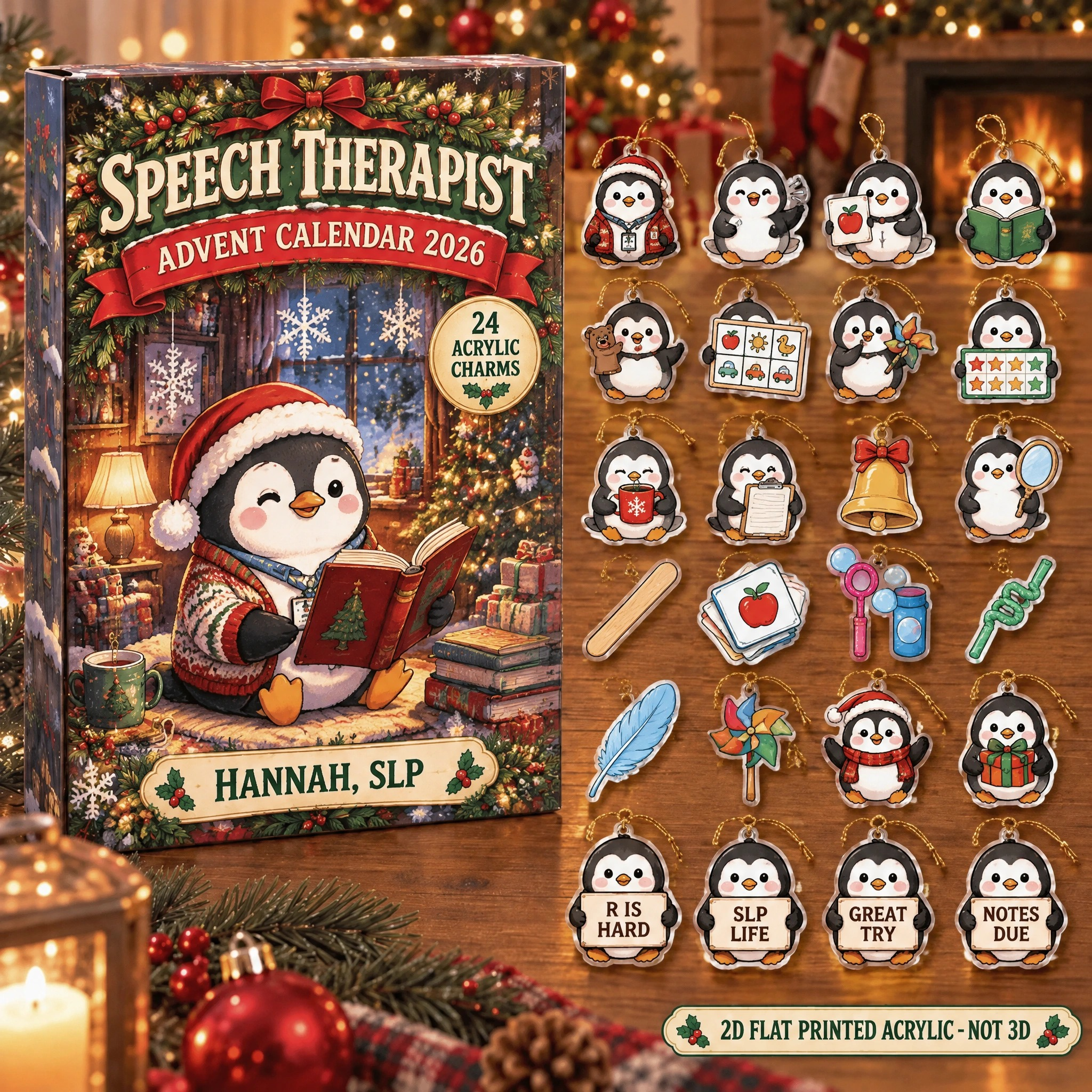 Personalized Speech Therapy Penguin advent calendar box with 24 flat acrylic Christmas charms