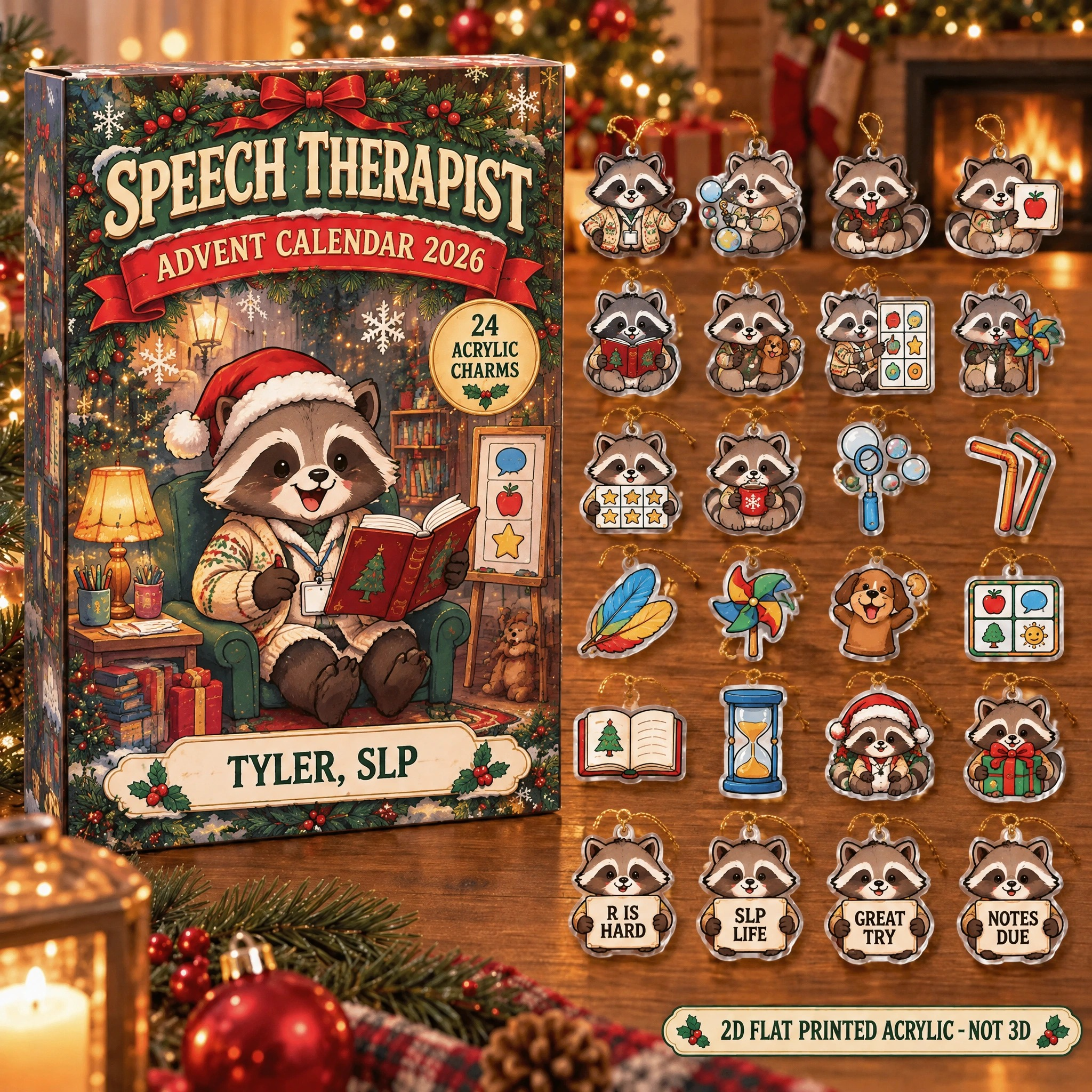 Personalized Speech Therapy Raccoon advent calendar box with 24 flat acrylic Christmas charms