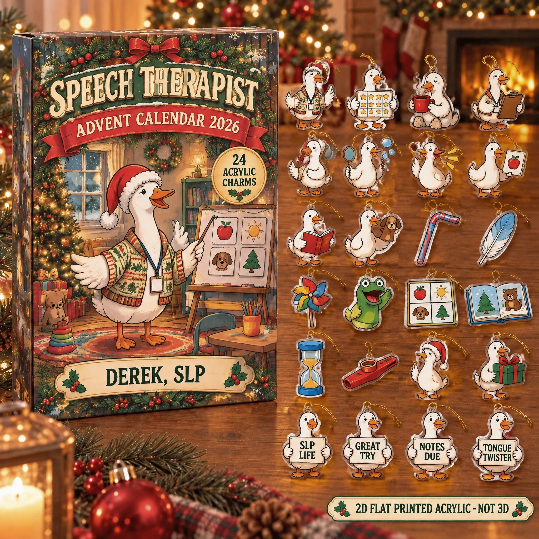 Personalized Speech Therapy Silly Goose advent calendar box with 24 flat acrylic Christmas charms