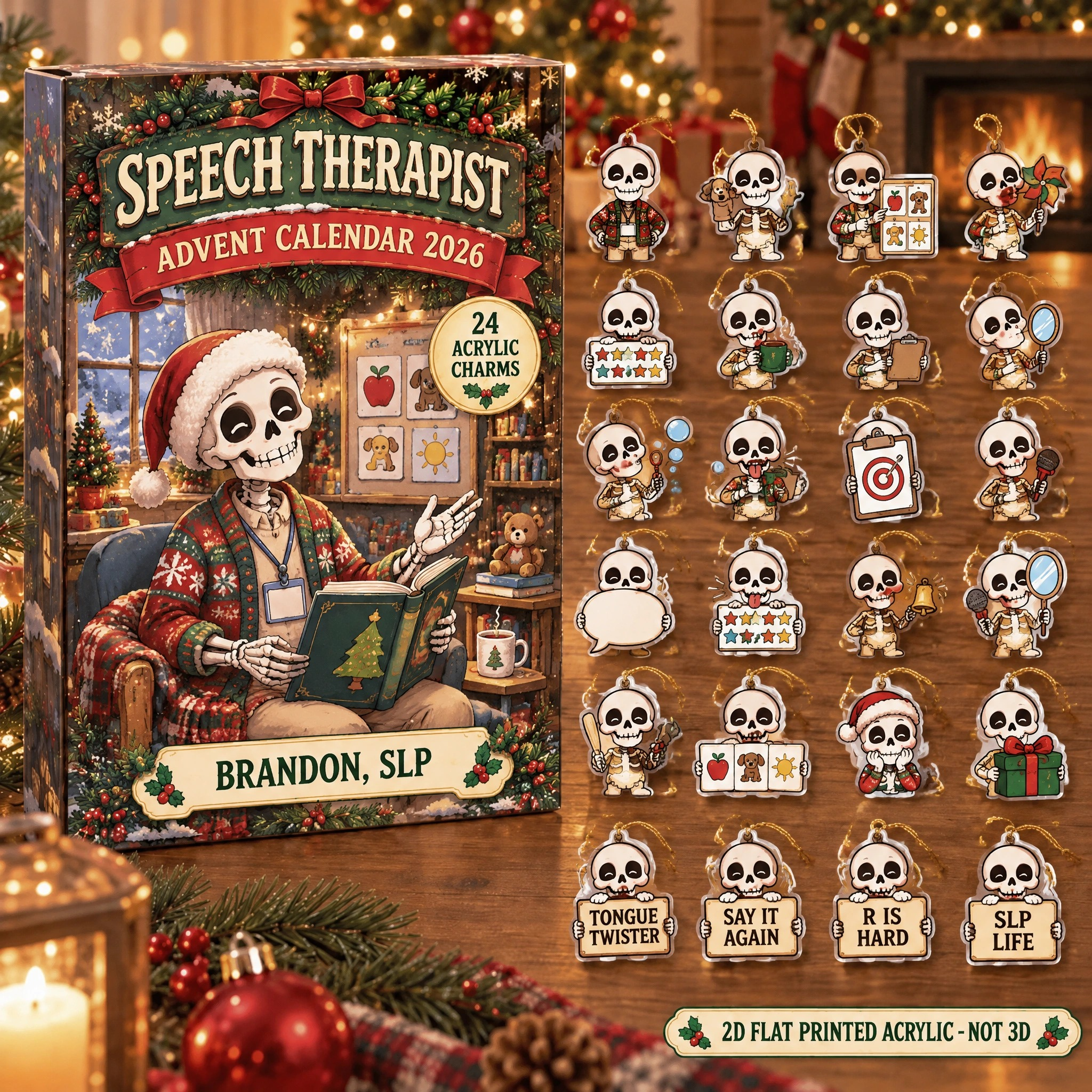 Personalized Speech Therapy Skeleton advent calendar box with 24 flat acrylic Christmas charms