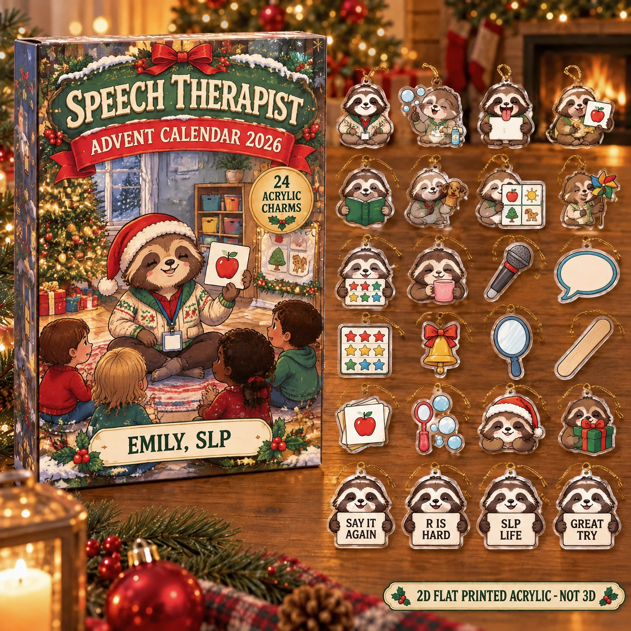 Personalized Speech Therapy Sloth advent calendar box with 24 flat acrylic Christmas charms