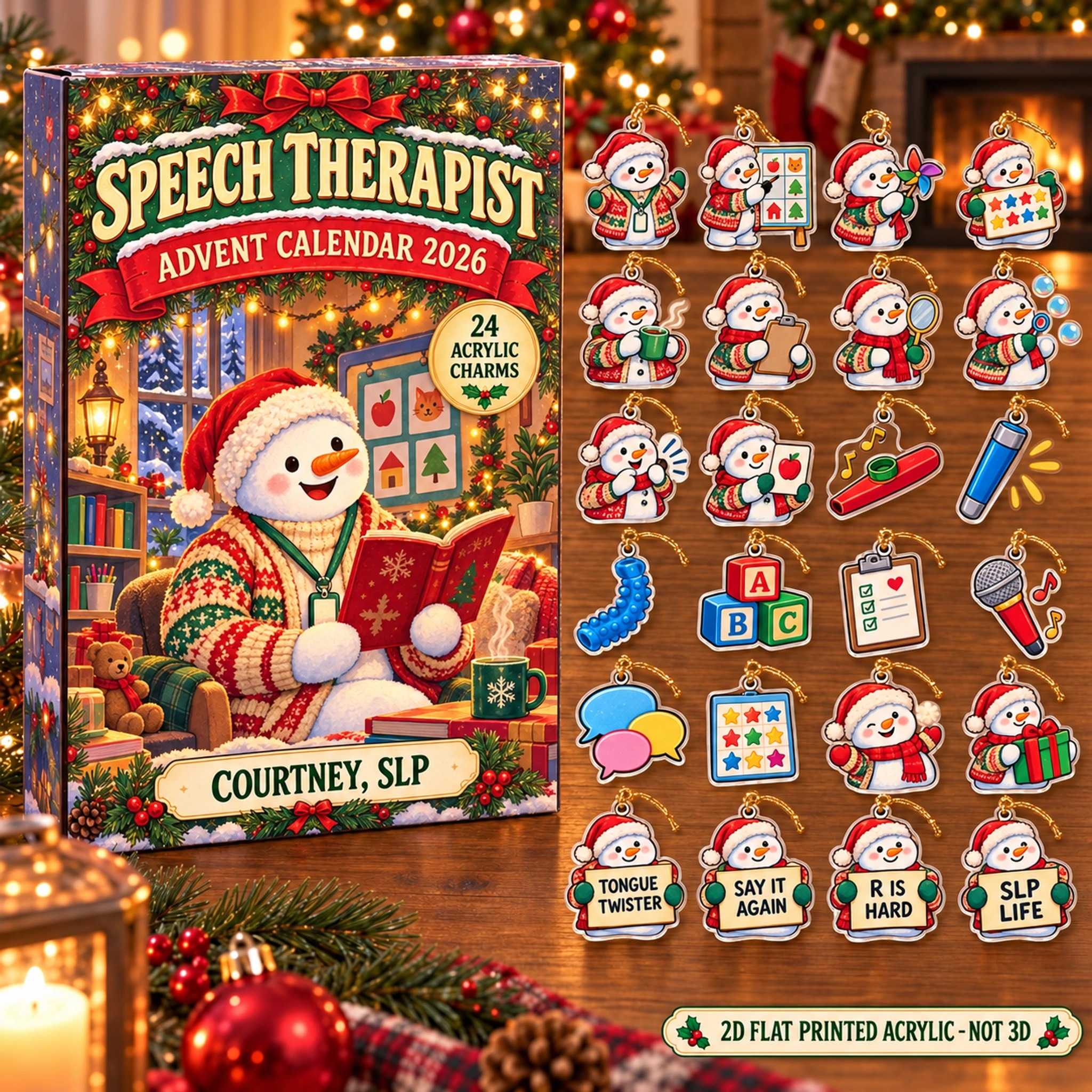 Personalized Speech Therapy Snowman advent calendar box with 24 flat acrylic Christmas charms