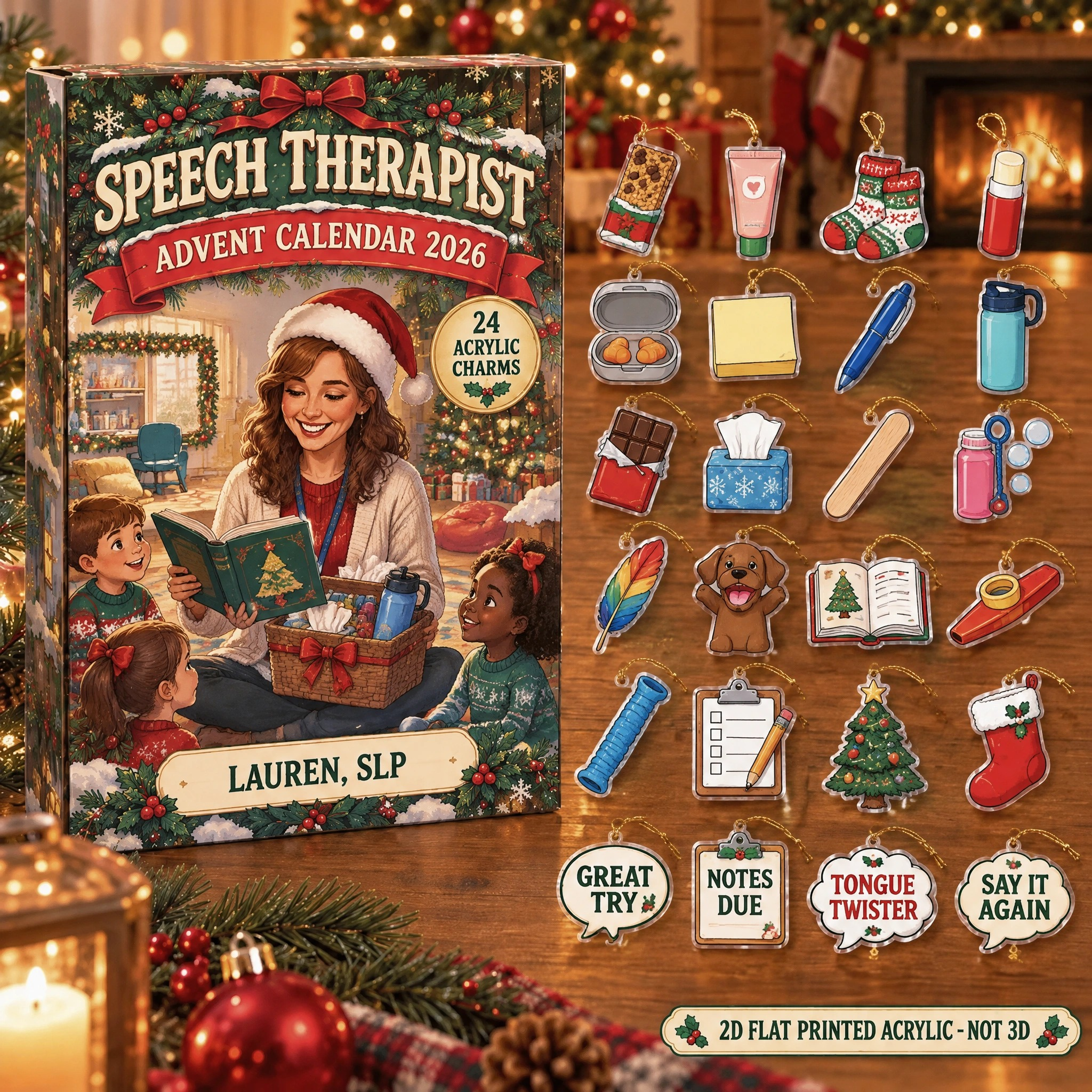 Personalized Speech Therapy Survival Kit advent calendar box with 24 flat acrylic Christmas charms