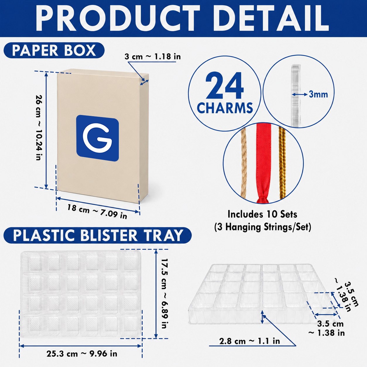 Squash advent calendar box with 24 acrylic Christmas charms: box and charm sizes