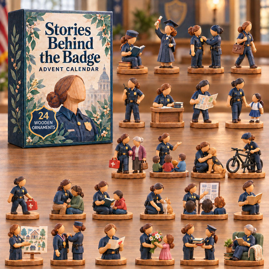 Stories Behind Badge advent calendar box with 24 wooden Christmas charms