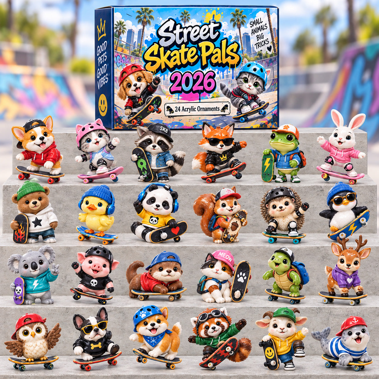Street Skate Pals advent calendar box with 24 acrylic Christmas charms