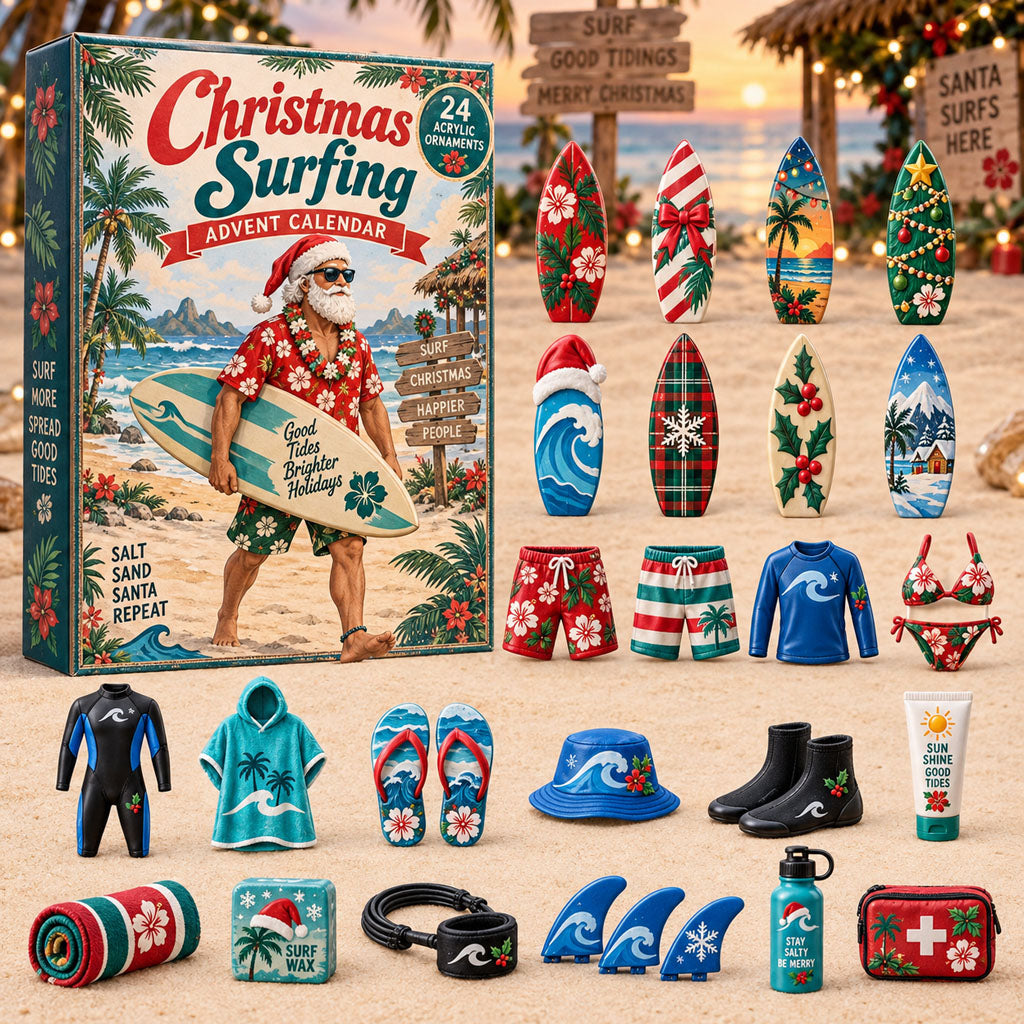 Surfing advent calendar box with 24 acrylic Christmas charms