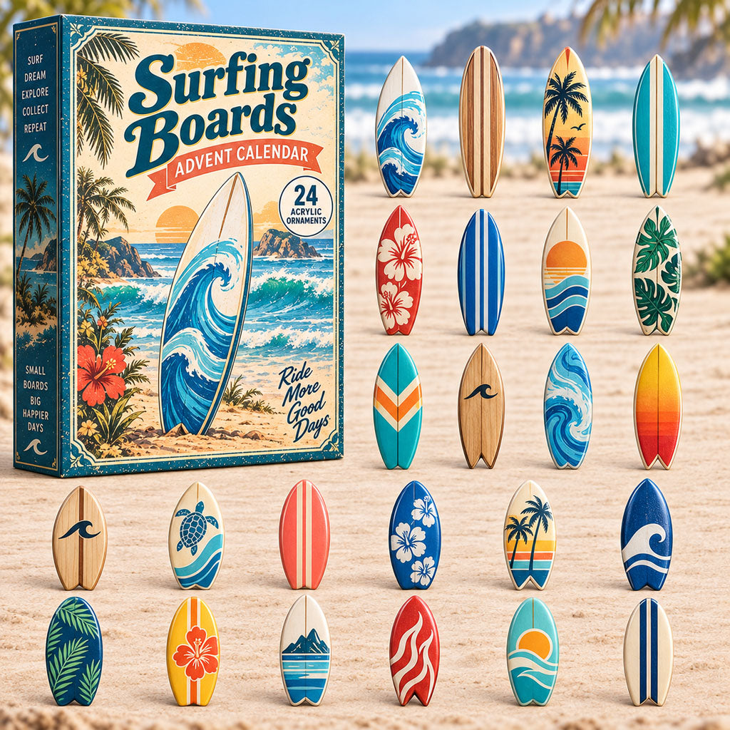 Surfing Boards advent calendar box with 24 acrylic Christmas charms