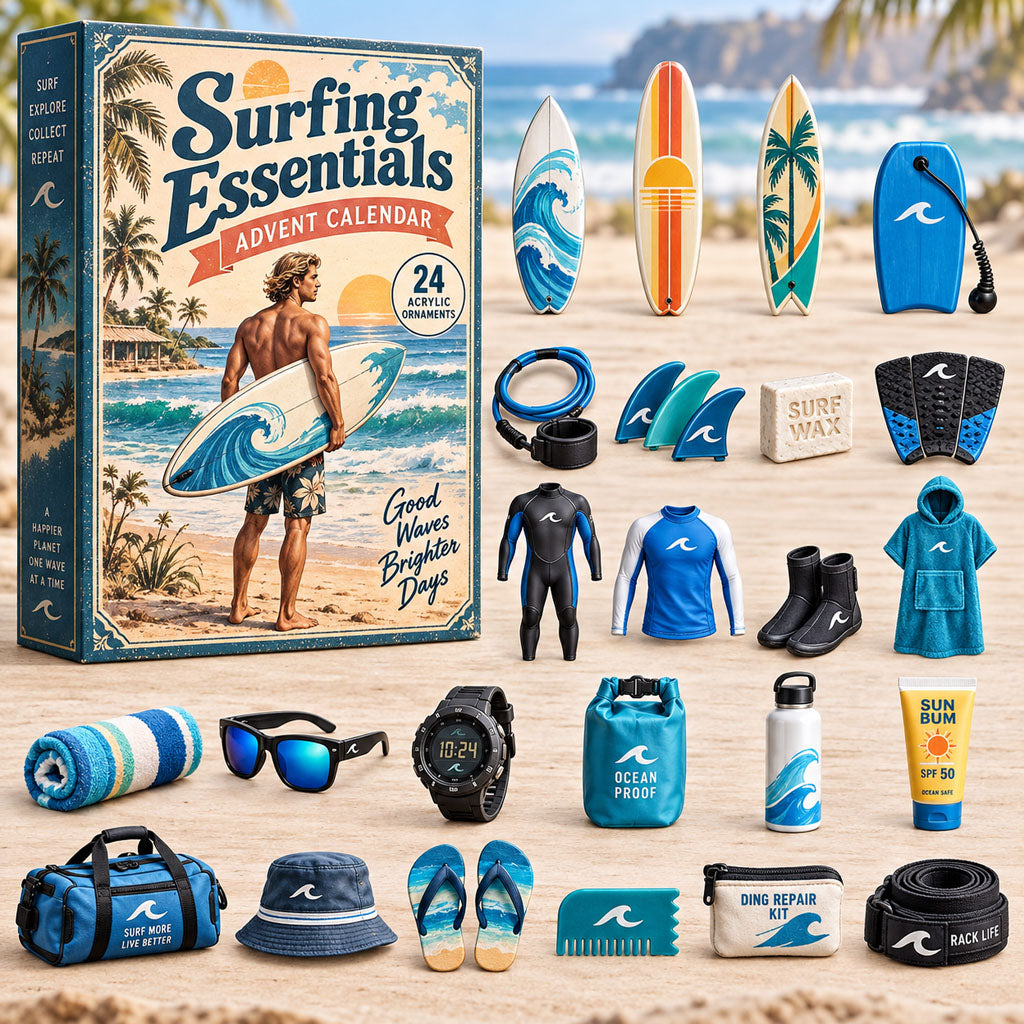 Surfing Essentials advent calendar box with 24 acrylic Christmas charms