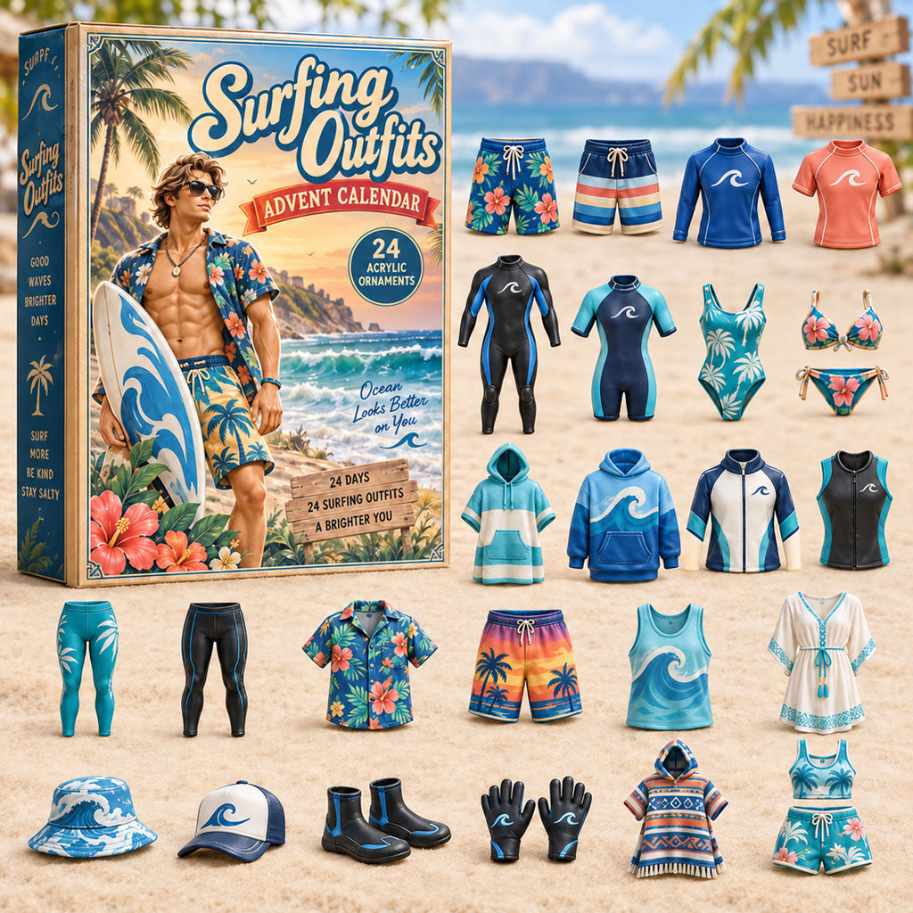 Surfing Outfits advent calendar box with 24 acrylic Christmas charms