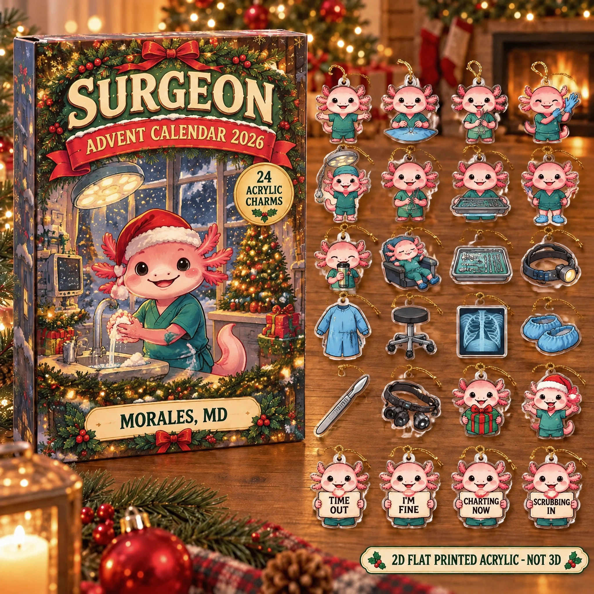 Personalized Surgeon Axolotl advent calendar box with 24 flat acrylic Christmas charms