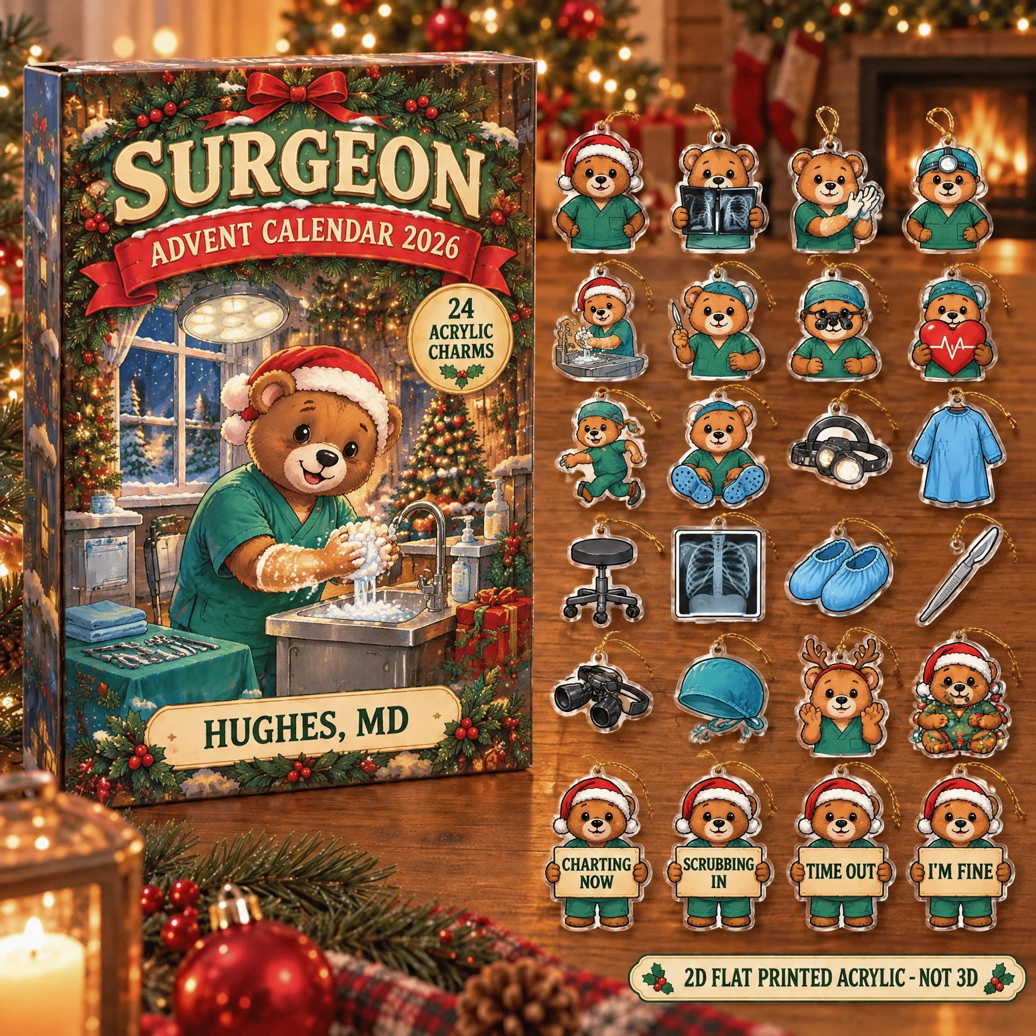 Personalized Surgeon Bear advent calendar box with 24 flat acrylic Christmas charms