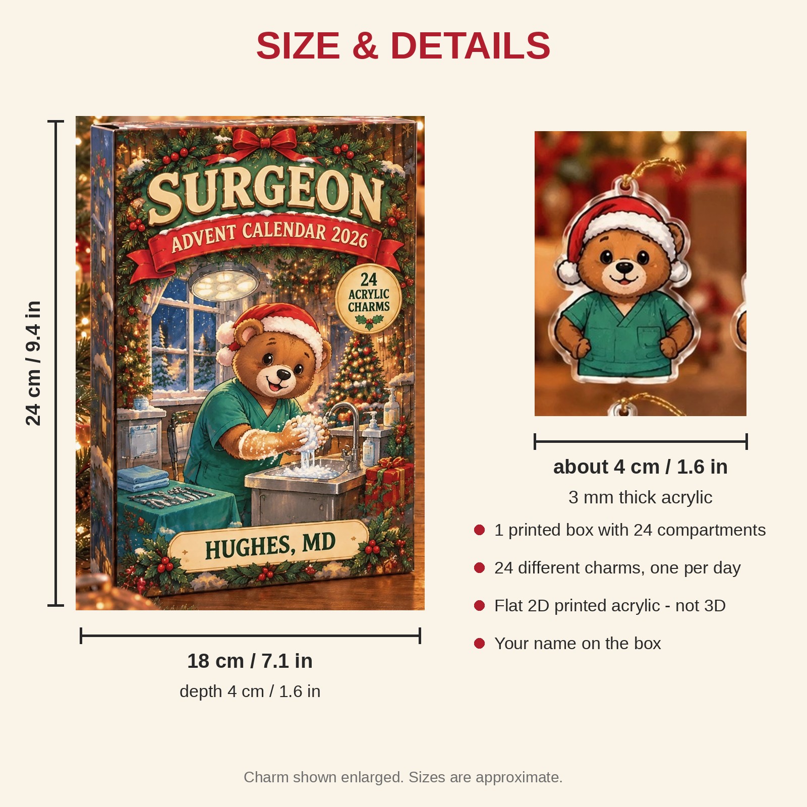 Personalized Surgeon Bear advent calendar box with 24 flat acrylic Christmas charms: box and charm sizes