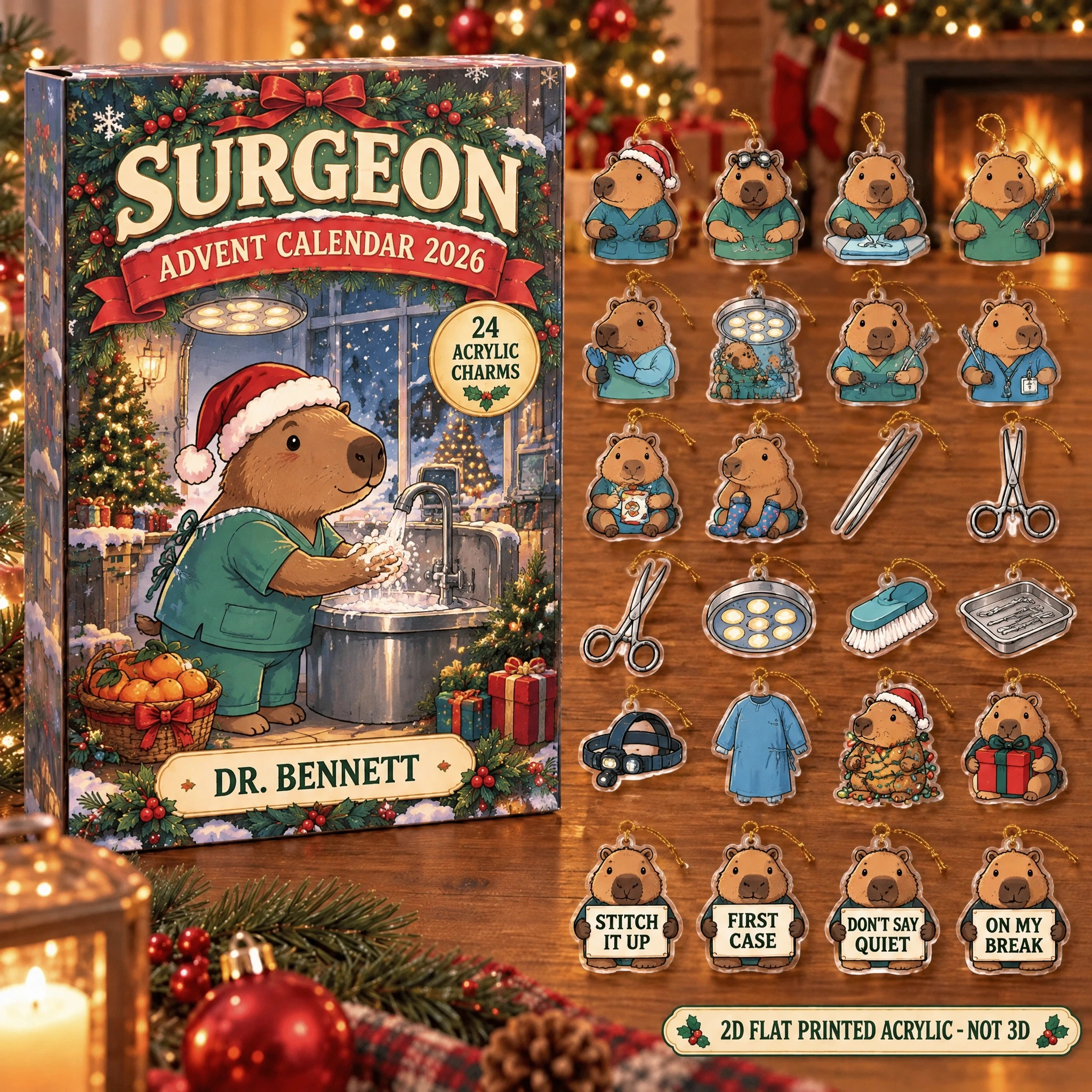 Personalized Surgeon Capybara advent calendar box with 24 flat acrylic Christmas charms