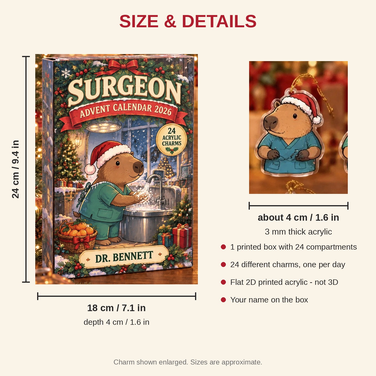Personalized Surgeon Capybara advent calendar box with 24 flat acrylic Christmas charms: box and charm sizes
