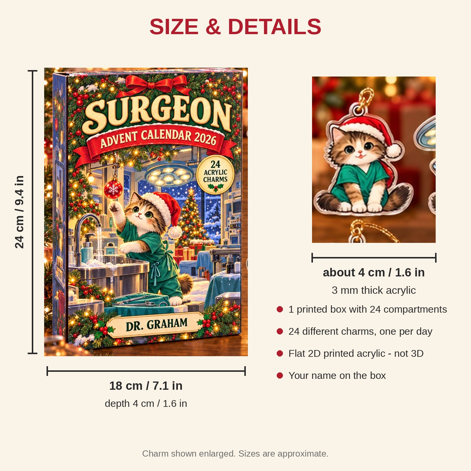 Personalized Surgeon Cat advent calendar box with 24 flat acrylic Christmas charms: box and charm sizes