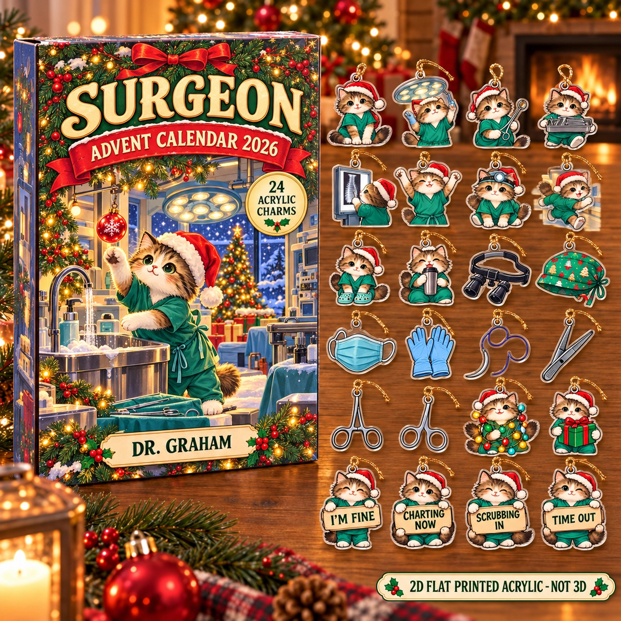 Personalized Surgeon Cat advent calendar box with 24 flat acrylic Christmas charms