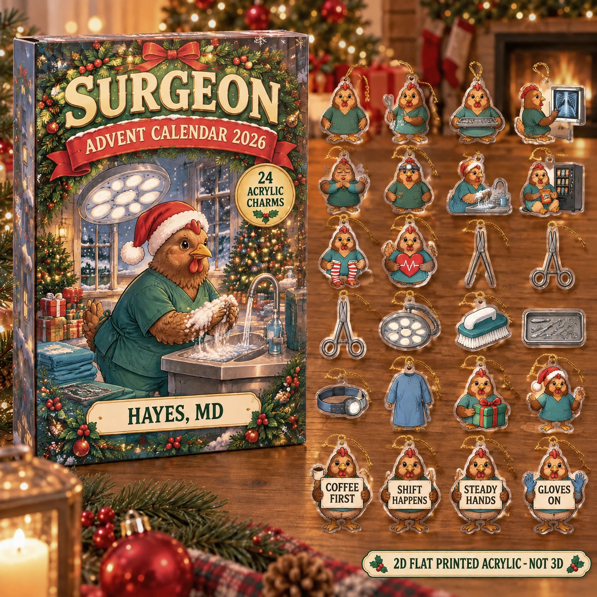 Personalized Surgeon Chicken advent calendar box with 24 flat acrylic Christmas charms