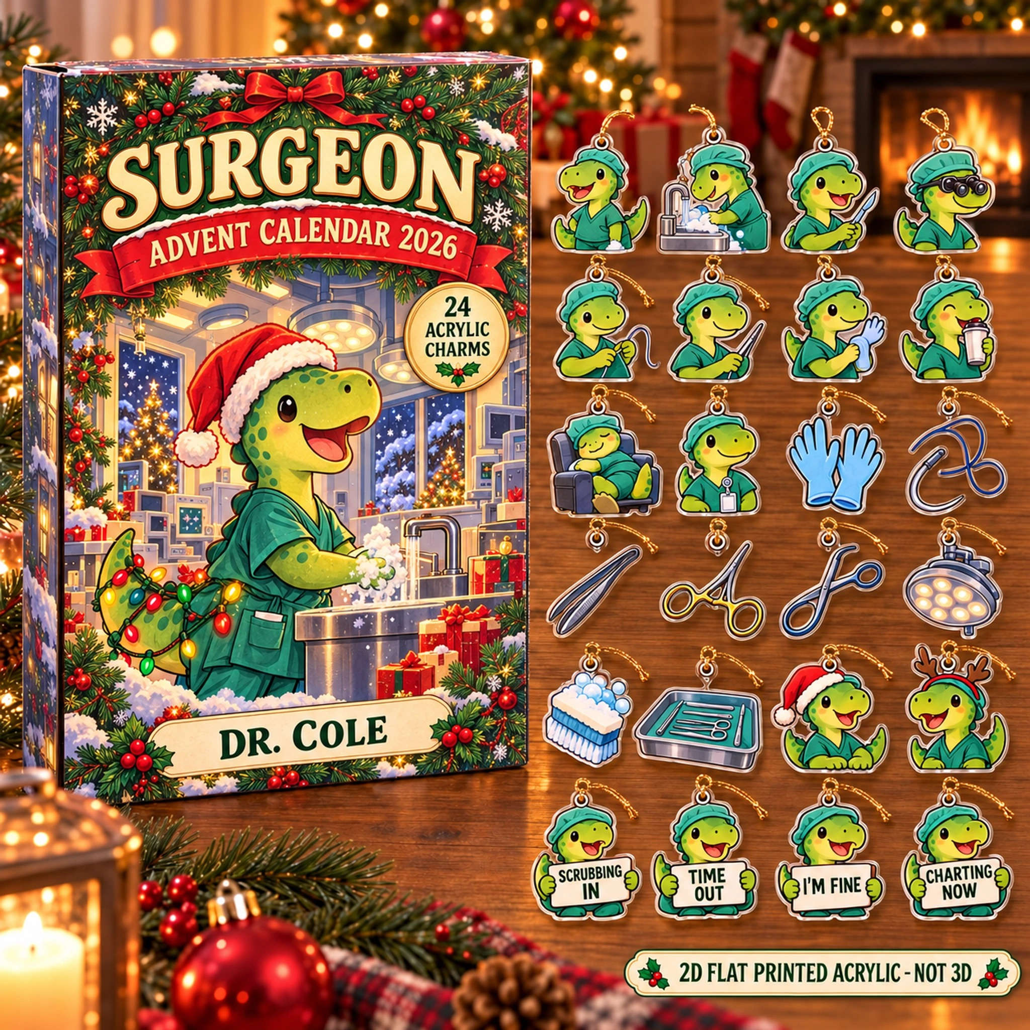 Personalized Surgeon Dinosaur advent calendar box with 24 flat acrylic Christmas charms