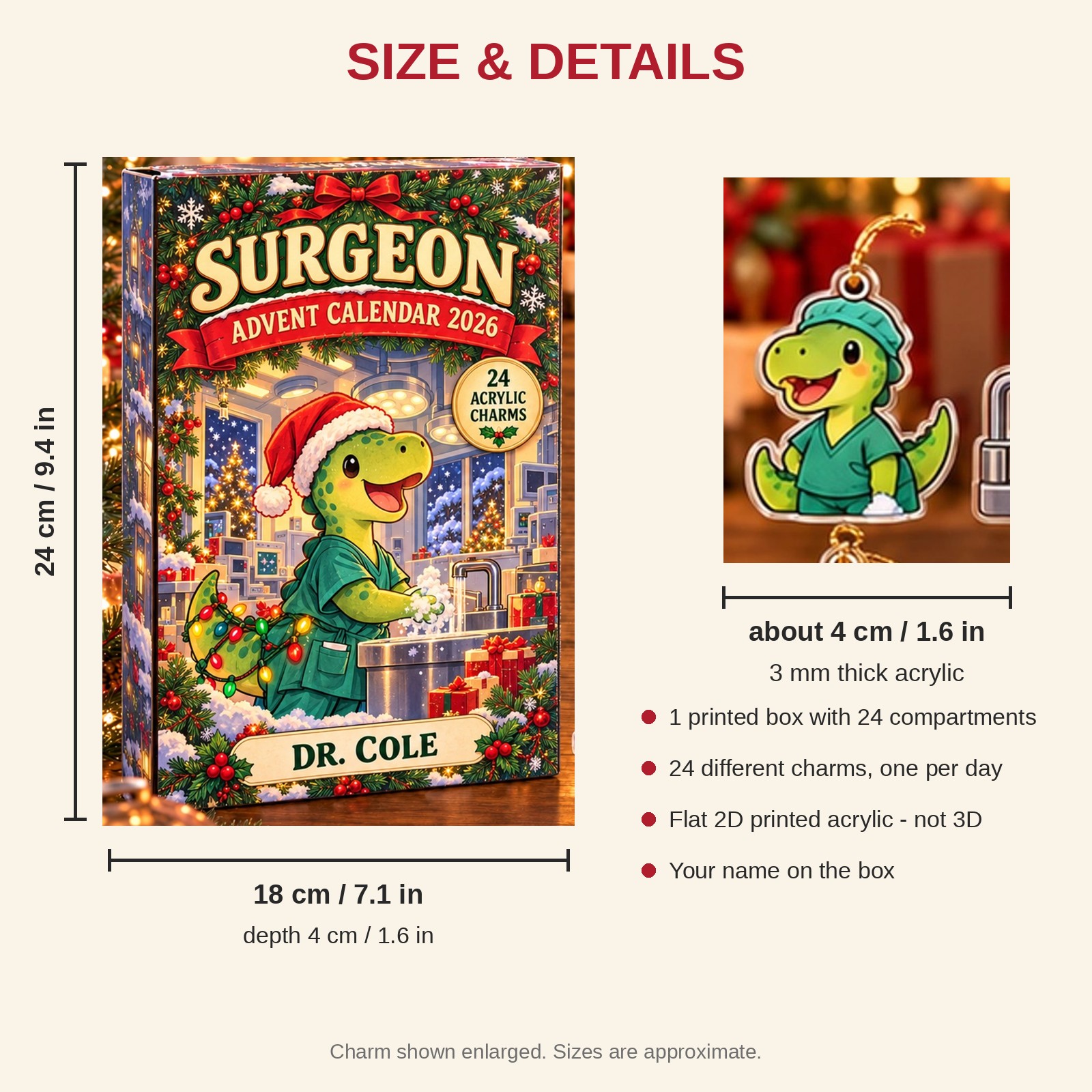 Personalized Surgeon Dinosaur advent calendar box with 24 flat acrylic Christmas charms: box and charm sizes