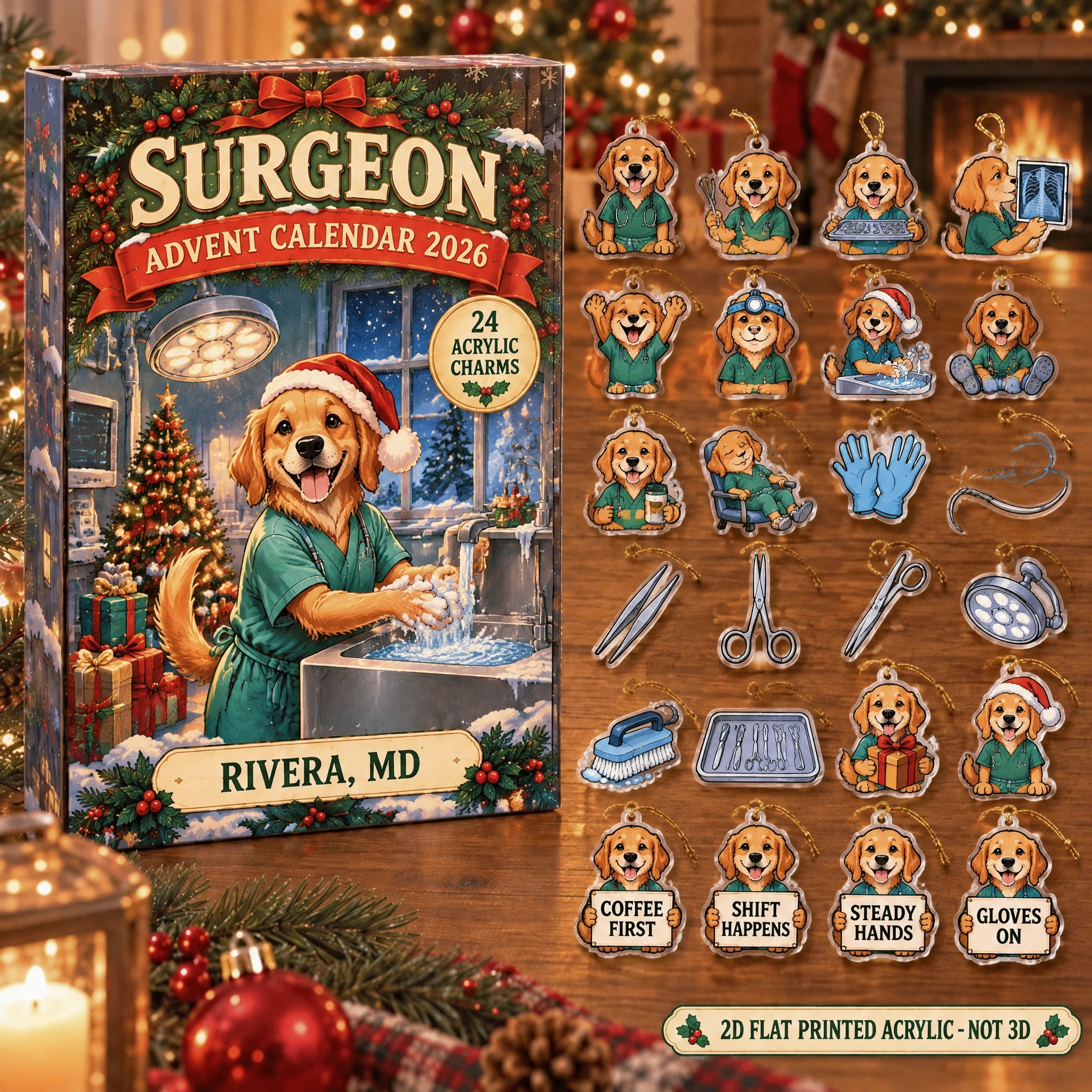 Personalized Surgeon Dog advent calendar box with 24 flat acrylic Christmas charms