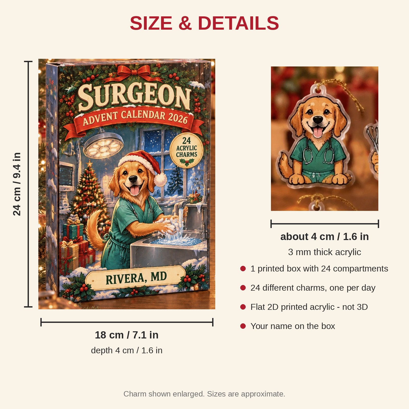 Personalized Surgeon Dog advent calendar box with 24 flat acrylic Christmas charms: box and charm sizes