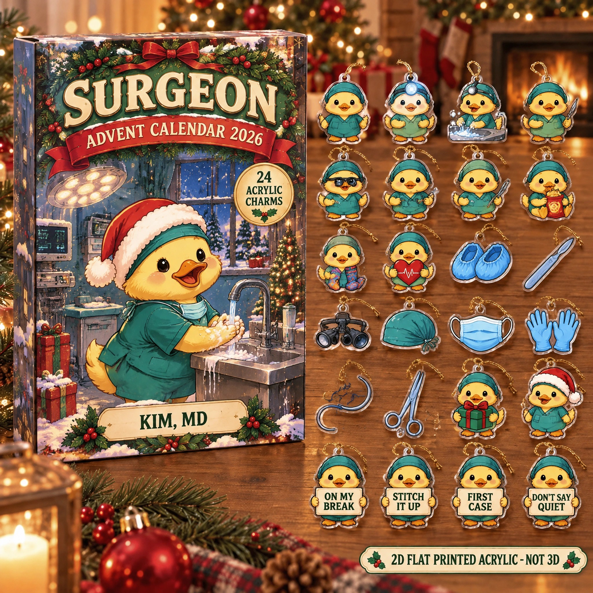Personalized Surgeon Duck advent calendar box with 24 flat acrylic Christmas charms