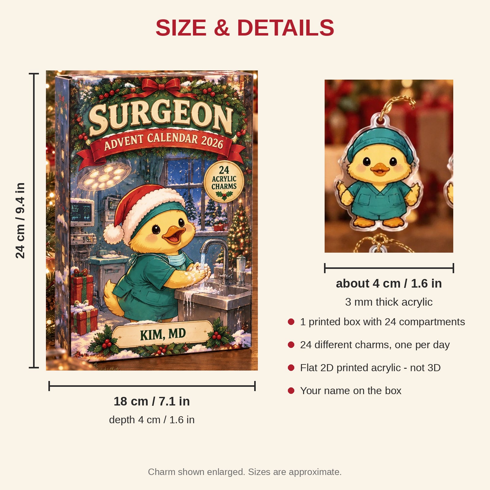 Personalized Surgeon Duck advent calendar box with 24 flat acrylic Christmas charms: box and charm sizes