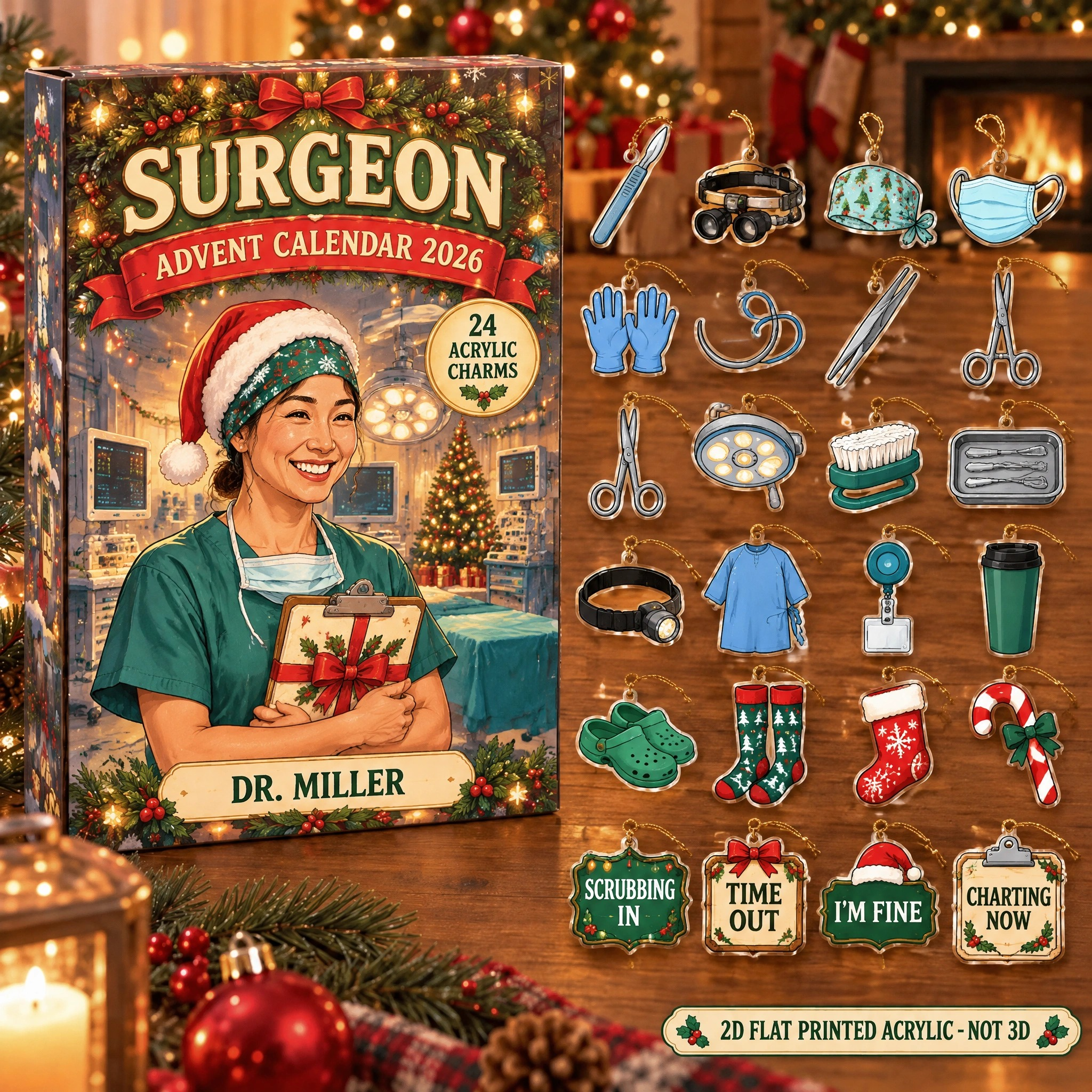 Personalized Surgeon Essentials advent calendar box with 24 flat acrylic Christmas charms