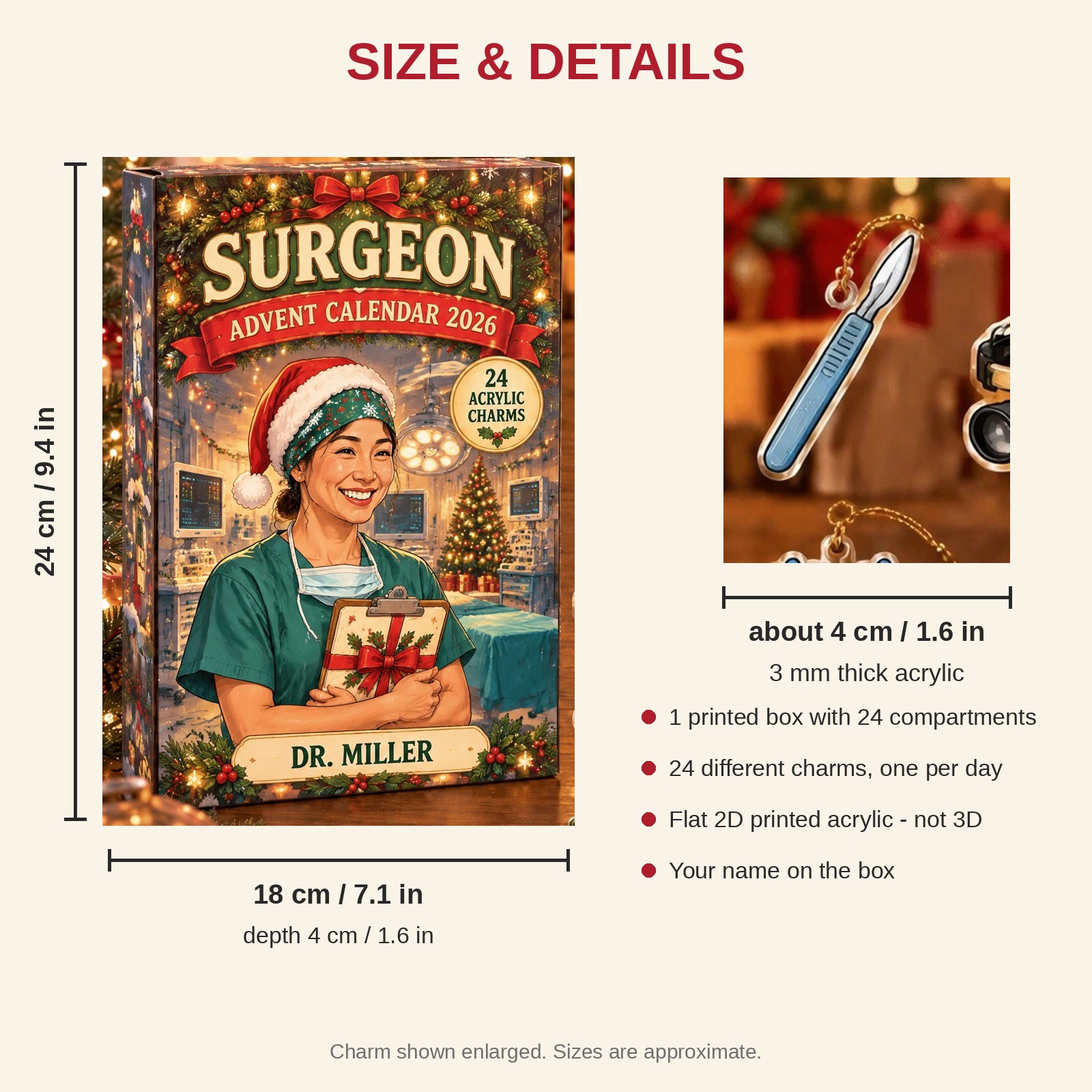 Personalized Surgeon Essentials advent calendar box with 24 flat acrylic Christmas charms: box and charm sizes