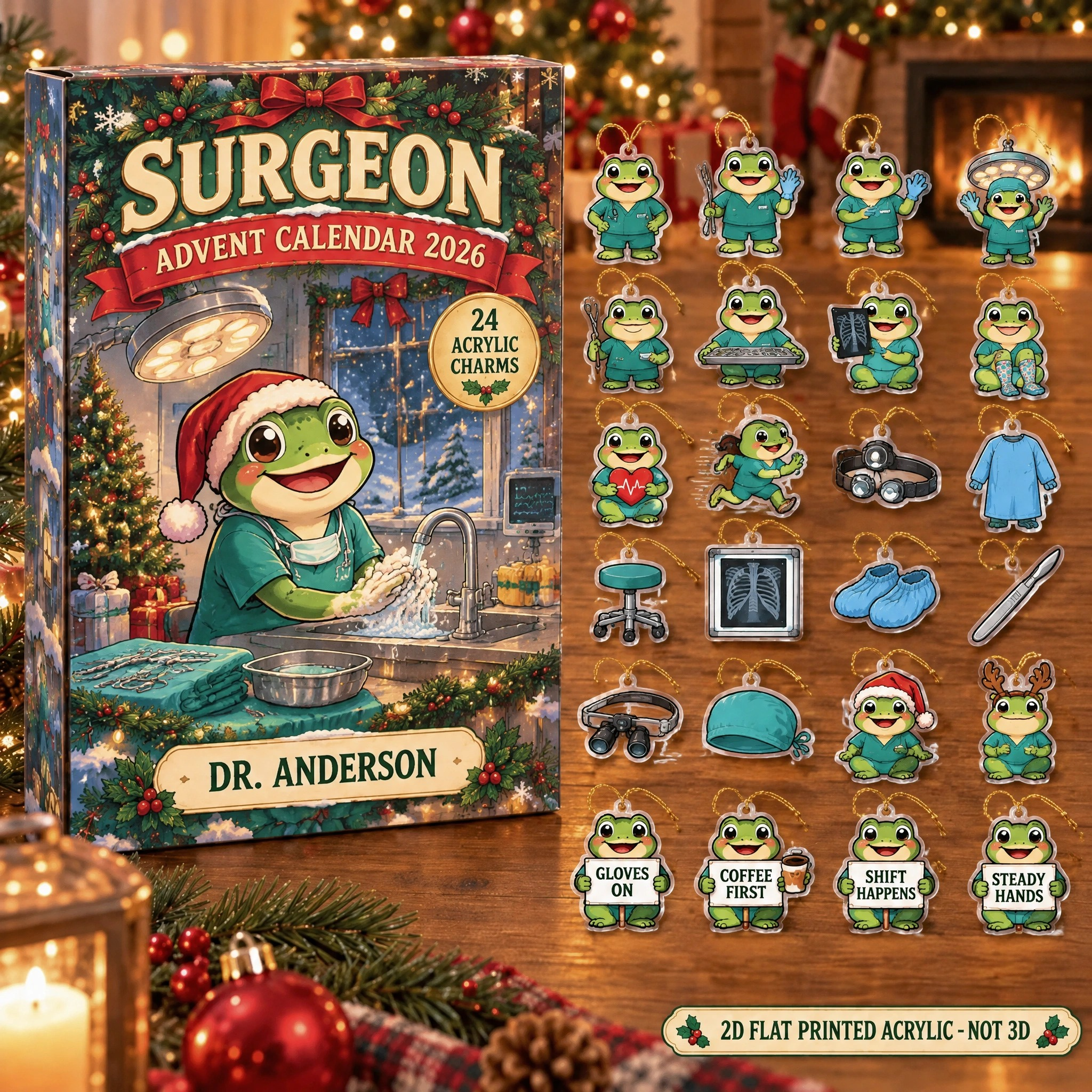 Personalized Surgeon Frog advent calendar box with 24 flat acrylic Christmas charms