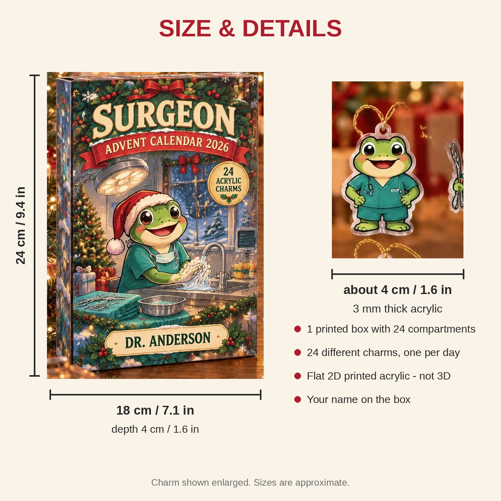 Personalized Surgeon Frog advent calendar box with 24 flat acrylic Christmas charms: box and charm sizes