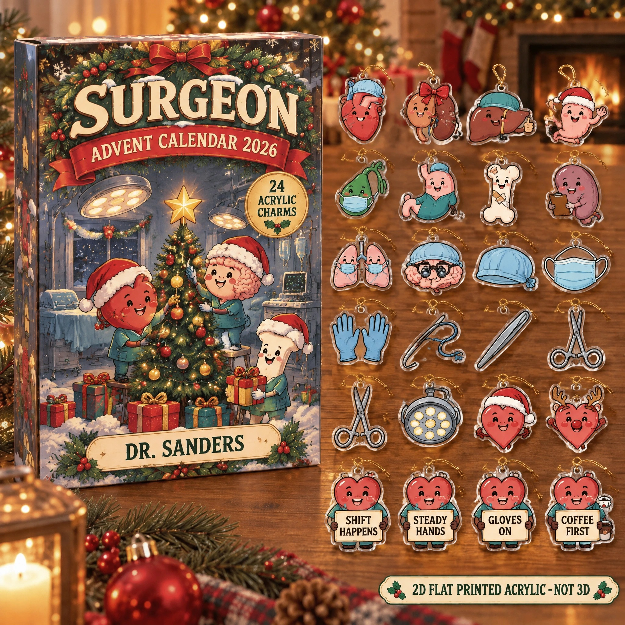 Personalized Funny Anatomy Surgeon advent calendar box with 24 flat acrylic Christmas charms