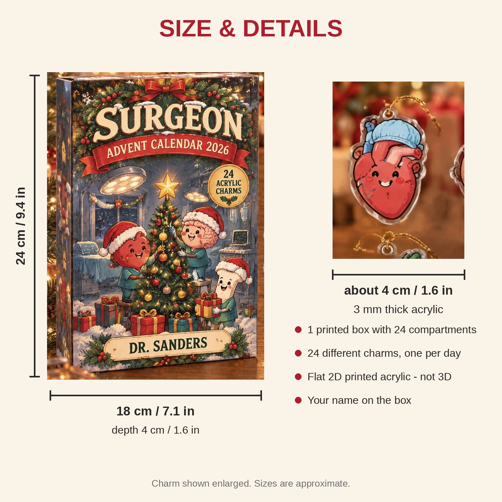 Personalized Funny Anatomy Surgeon advent calendar box with 24 flat acrylic Christmas charms: box and charm sizes