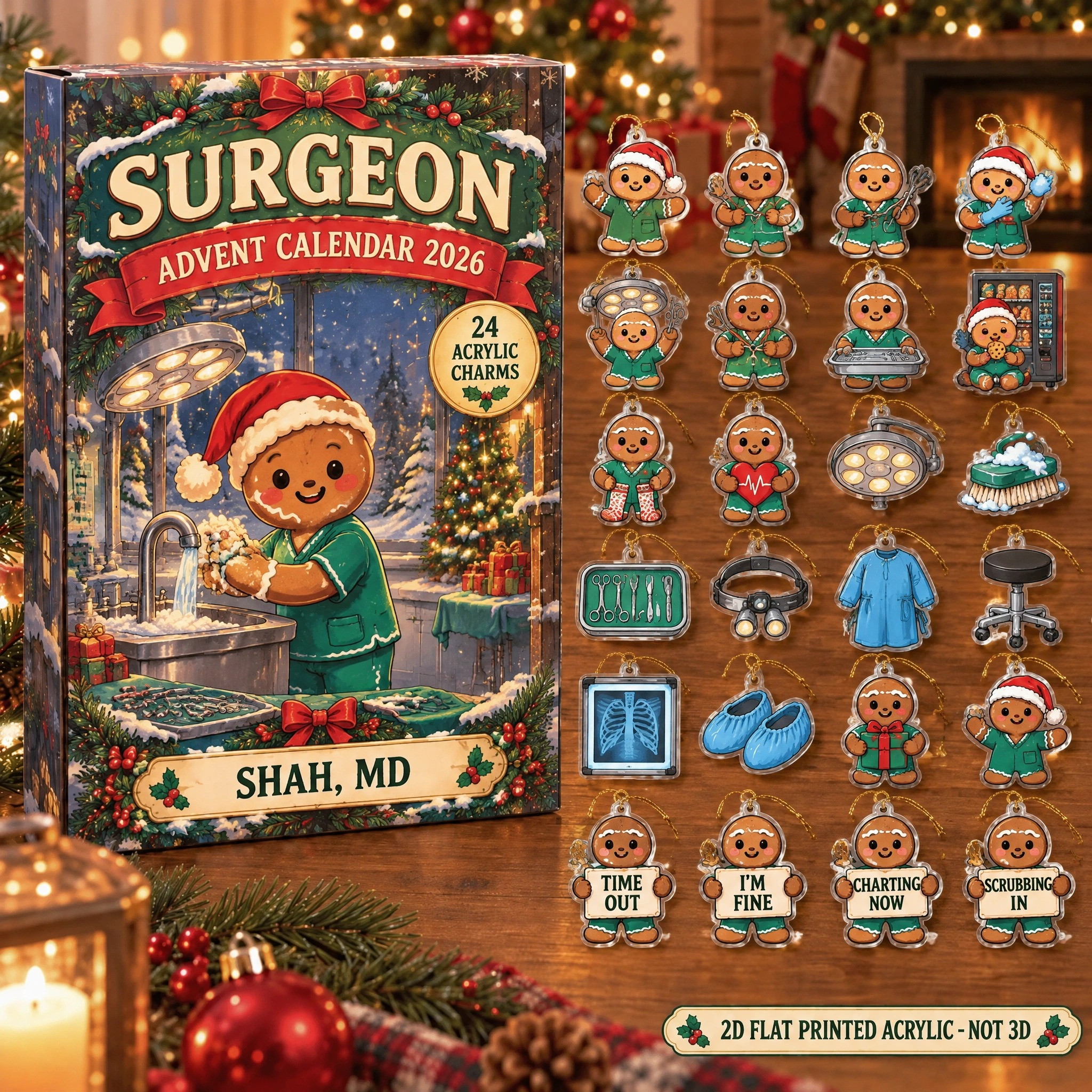 Personalized Gingerbread Surgeon advent calendar box with 24 flat acrylic Christmas charms