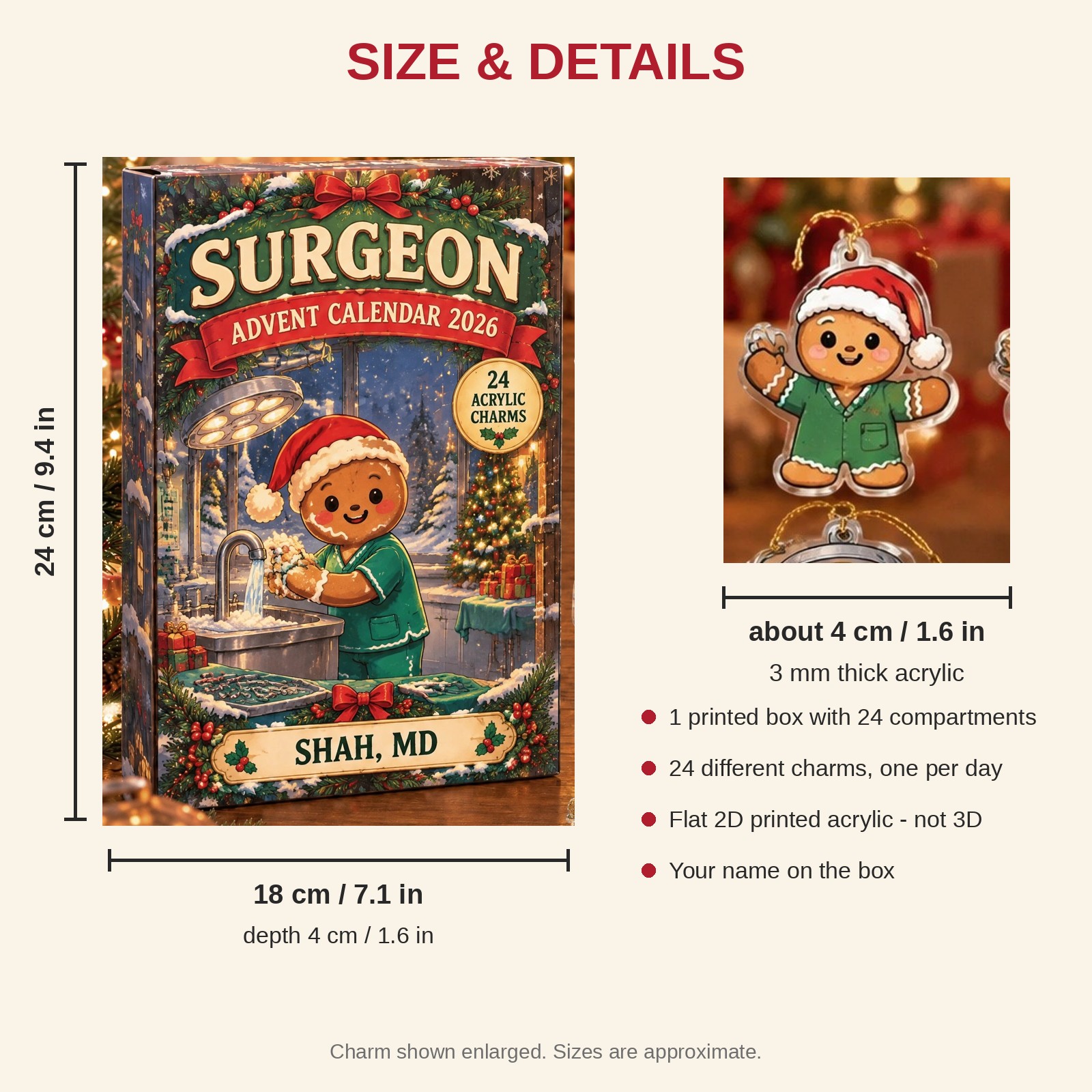 Personalized Gingerbread Surgeon advent calendar box with 24 flat acrylic Christmas charms: box and charm sizes